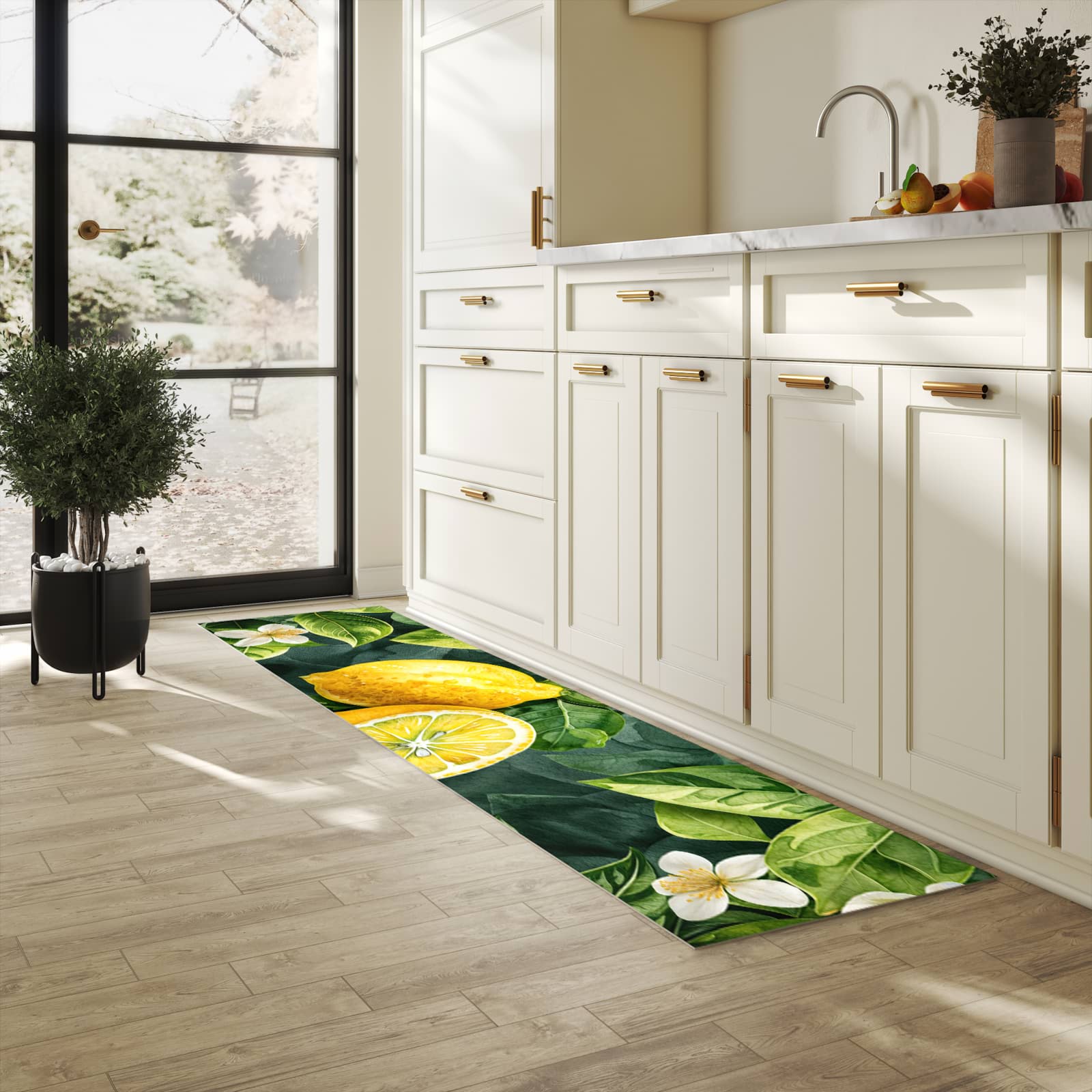 Schmutzabweisender rutschfester Küchenläufer mit Motiv Zitronenmuster in heller Küche