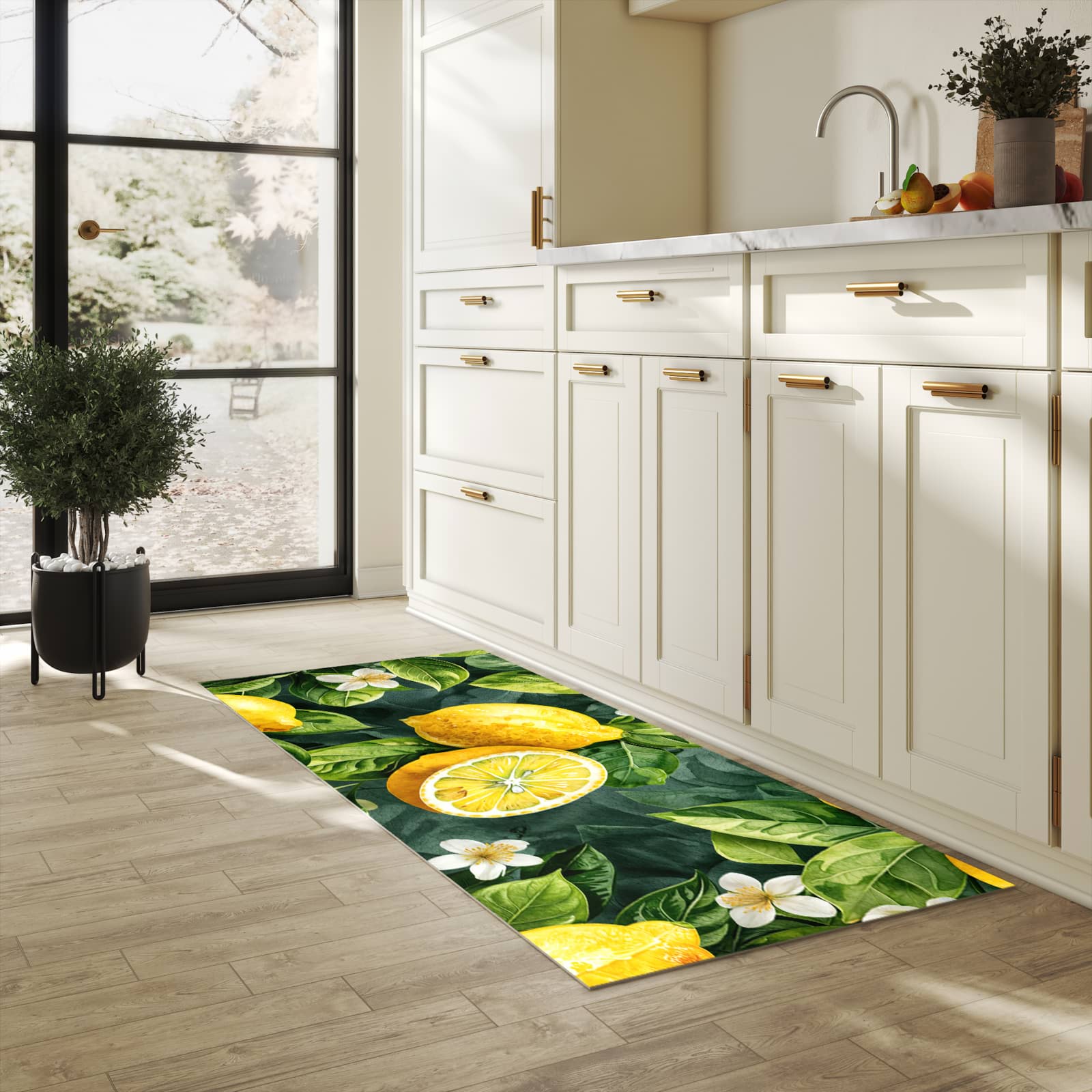 Flacher rutschfester Küchenläufer mit Motiv Zitronenmuster in heller Küche