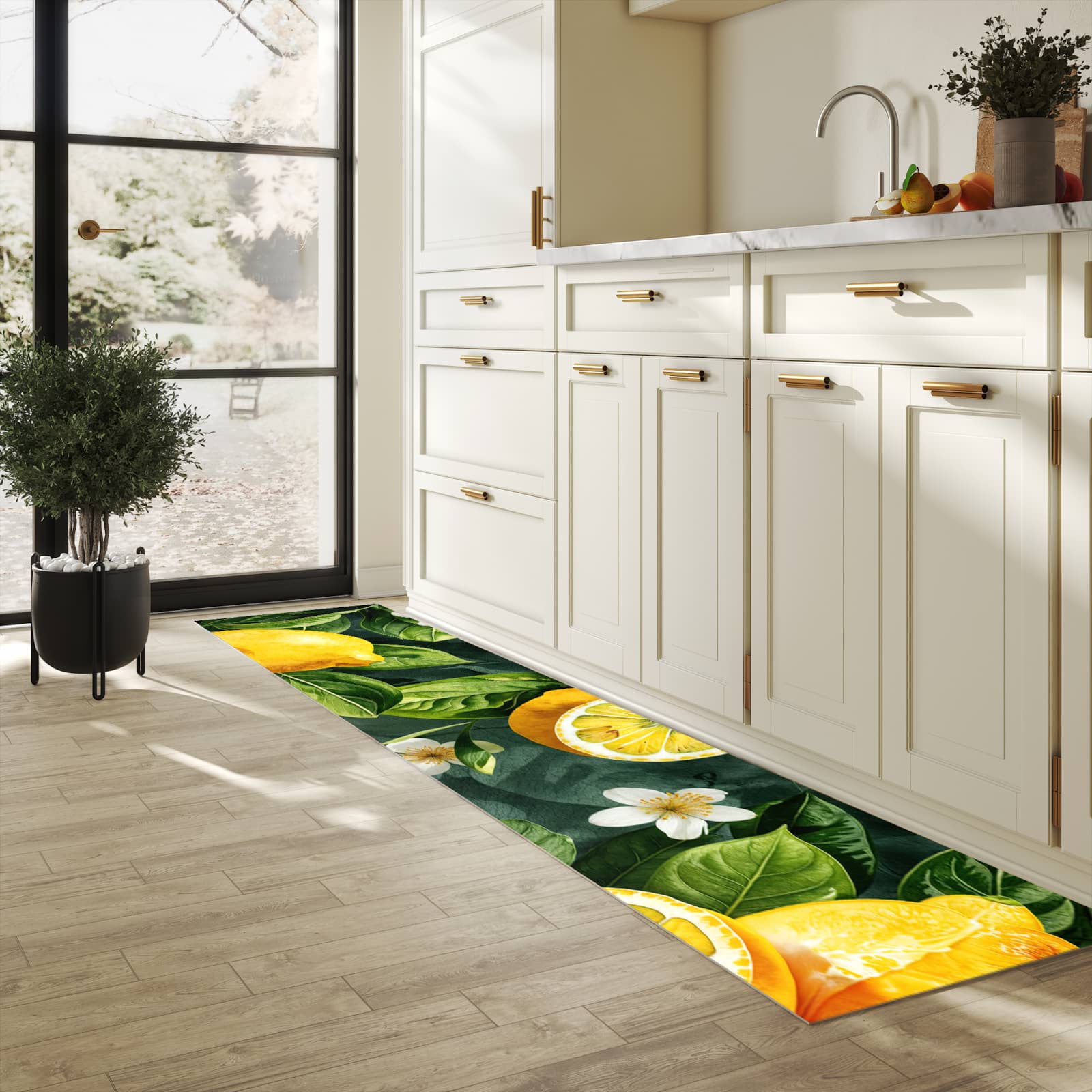 Geruchsneutraler rutschfester Küchenläufer mit Motiv Zitronenmuster in heller Küche