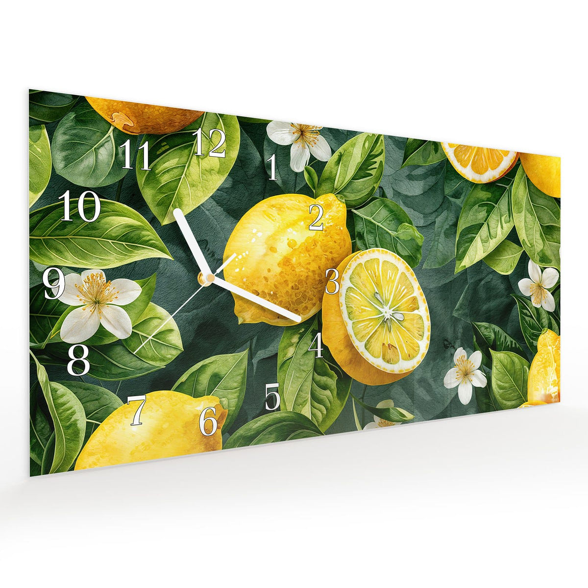 Vormontiert – mit Schwebeeffekt – Wanduhr Zitronenmuster aus Glas – Querformat 60 × 30 cm