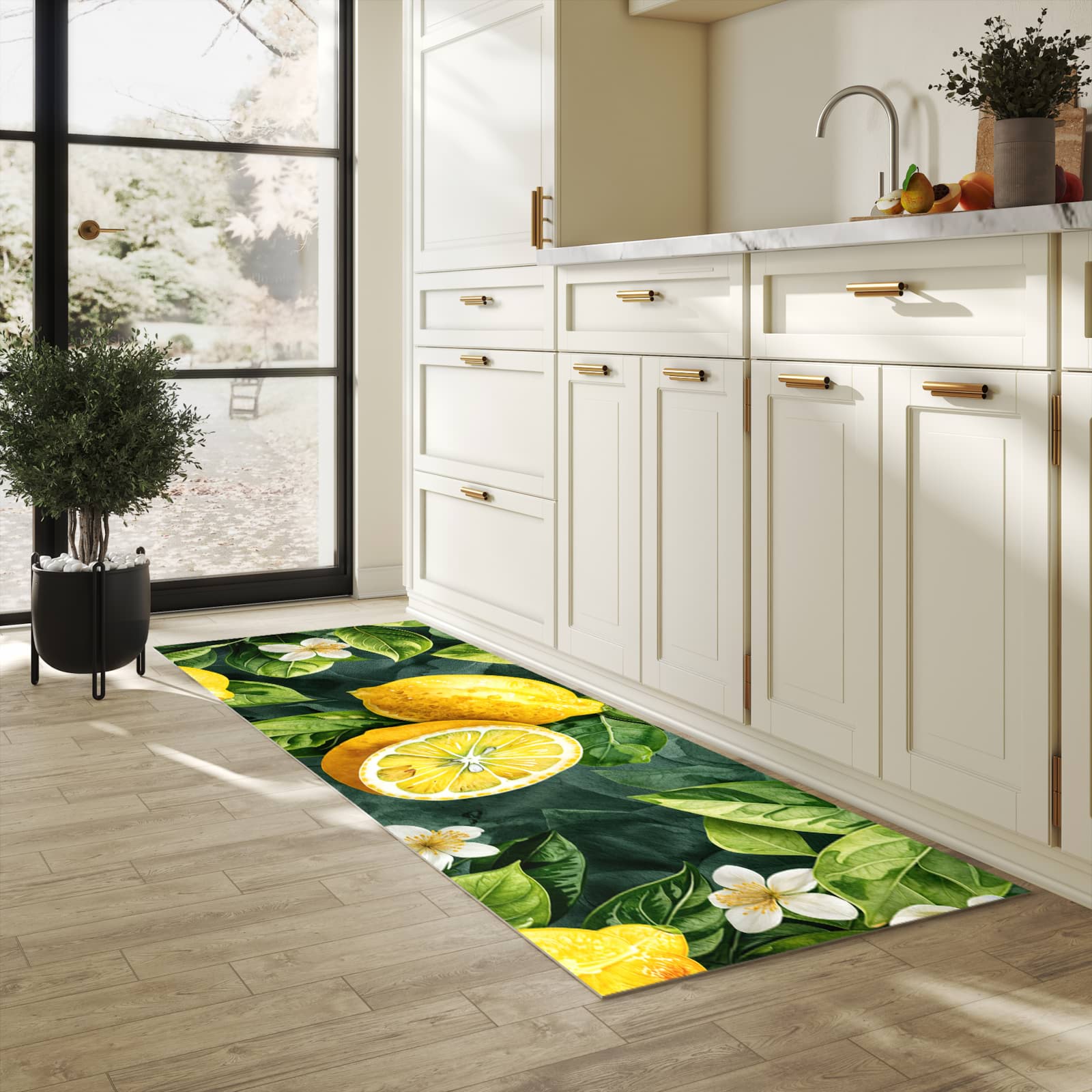 Pflegeleichter moderner Küchenläufer mit Motiv Zitronenmuster in heller Küche