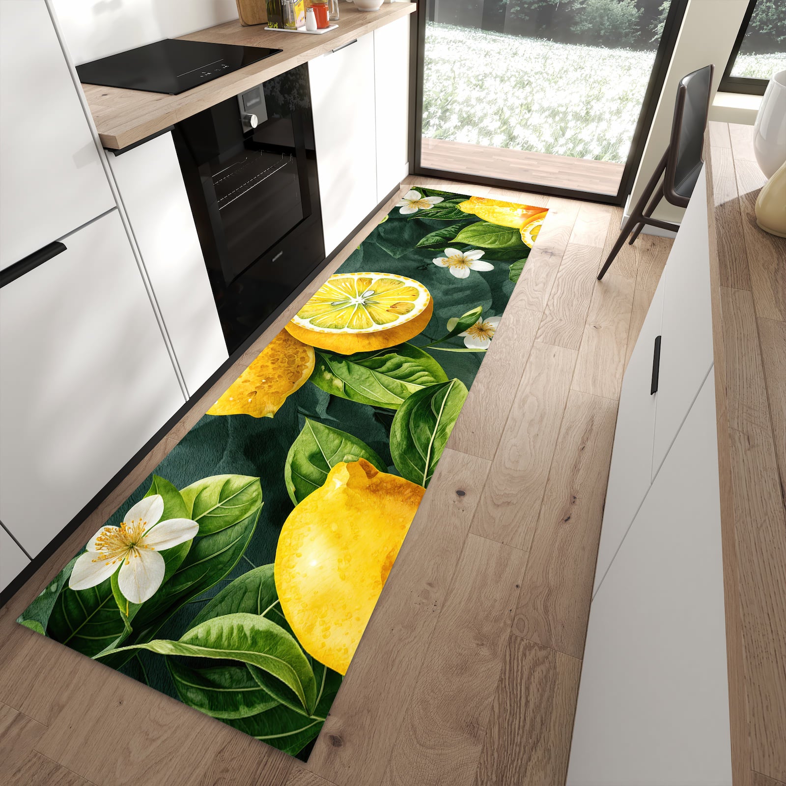 Farbbeständiger waschbarer Küchenläufer mit Motiv Zitronenmuster in moderner Küche
