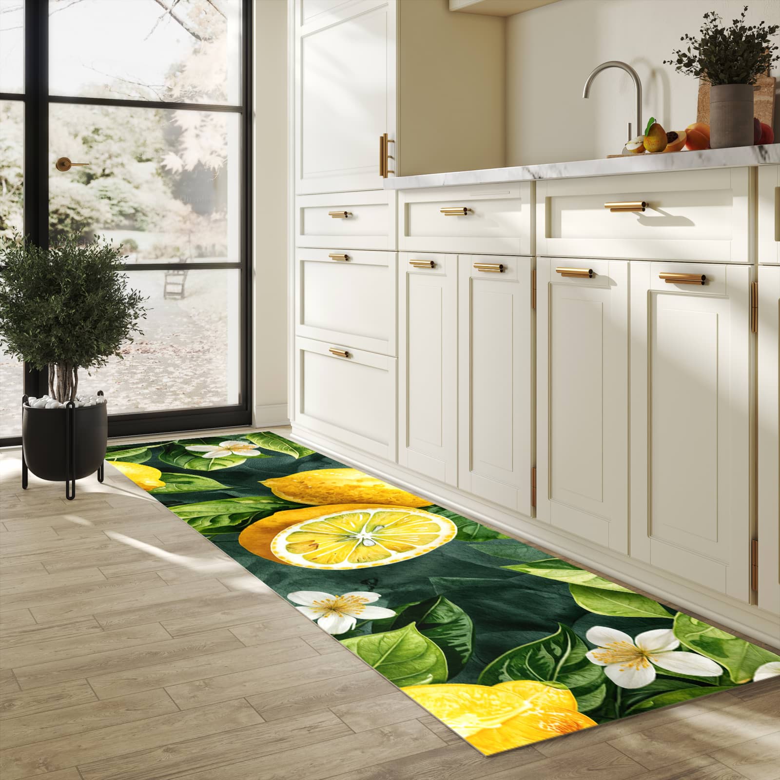 Rutschfester Küchenläufer mit Motiv Zitronenmuster in heller Küche zum Waschen