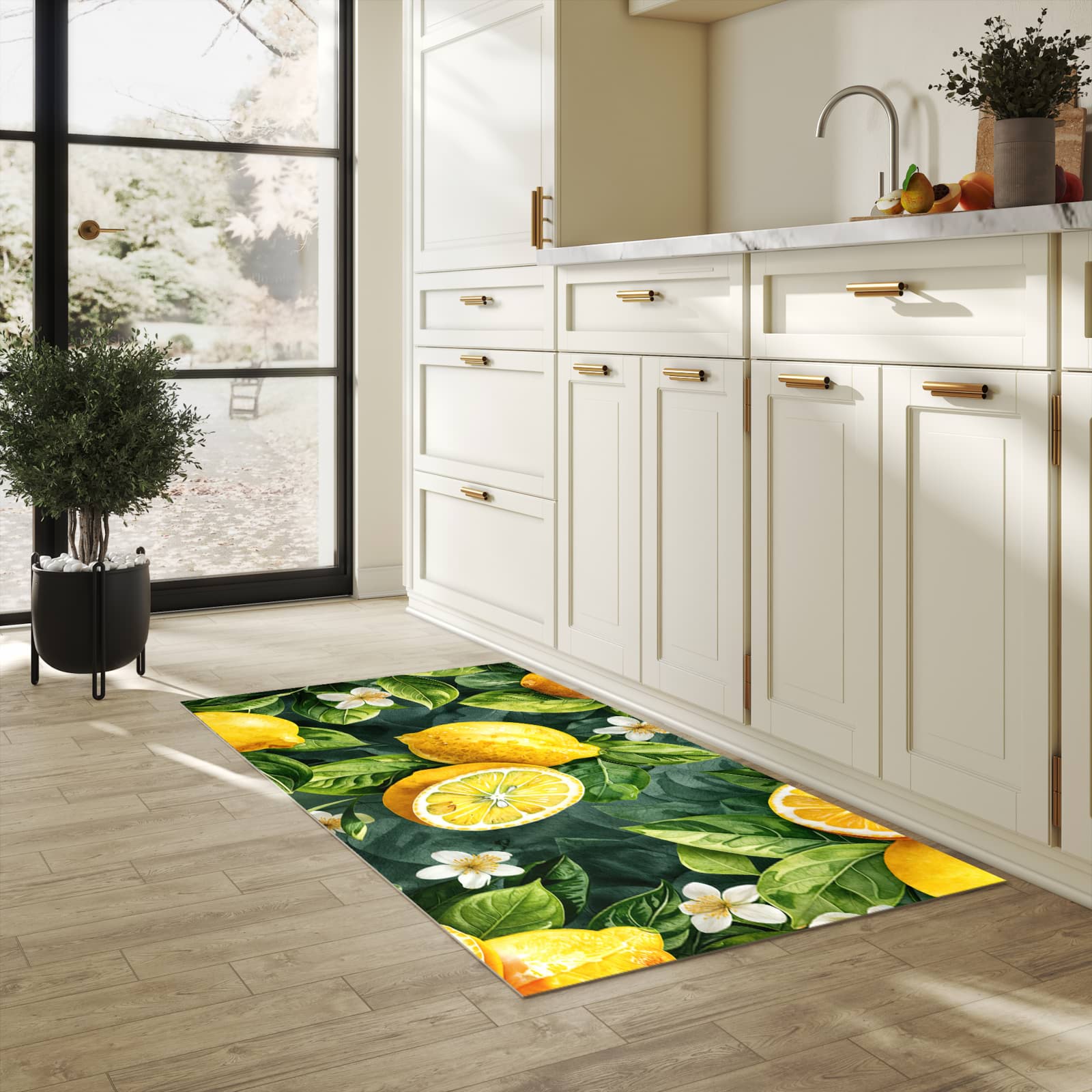 Pflegeleichter moderner Küchenläufer mit Motiv Zitronenmuster in heller Küche