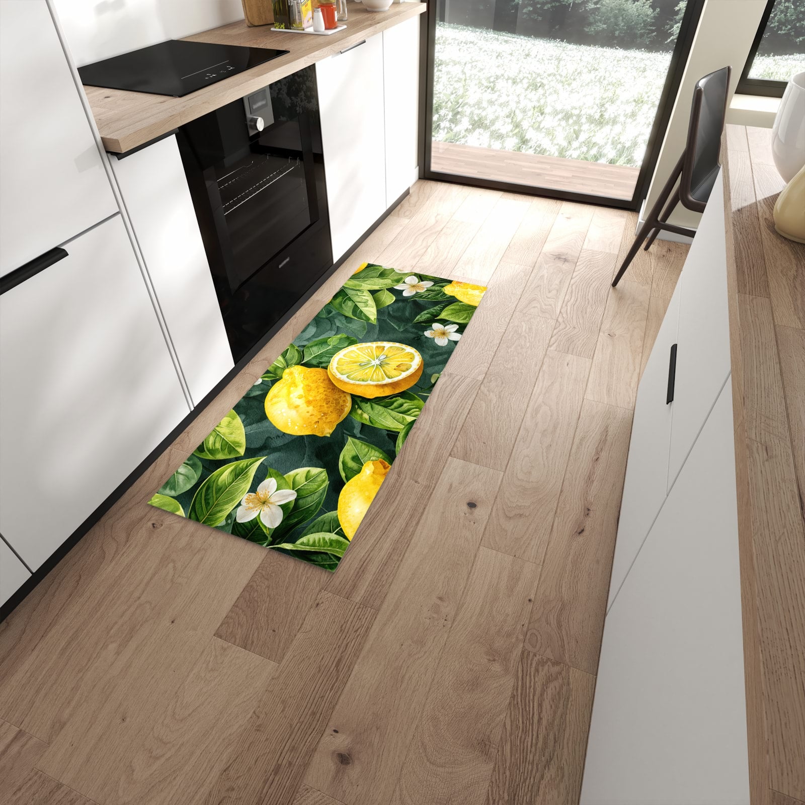 Strapazierfähiger rutschfester Küchenteppich mit Motiv Zitronenmuster in moderner Küche #grösse_60 x 150 cm