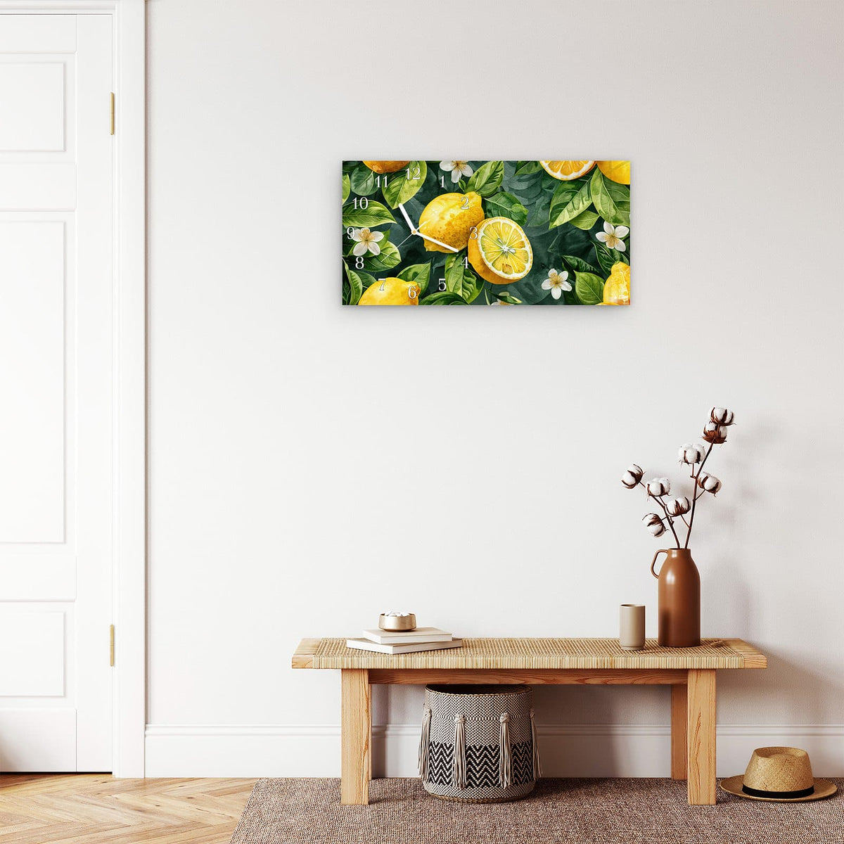 Moderne Wanduhr aus Glas mit Farbtiefe – Wanduhr Zitronenmuster aus Glas – Querformat 60 × 30 cm
