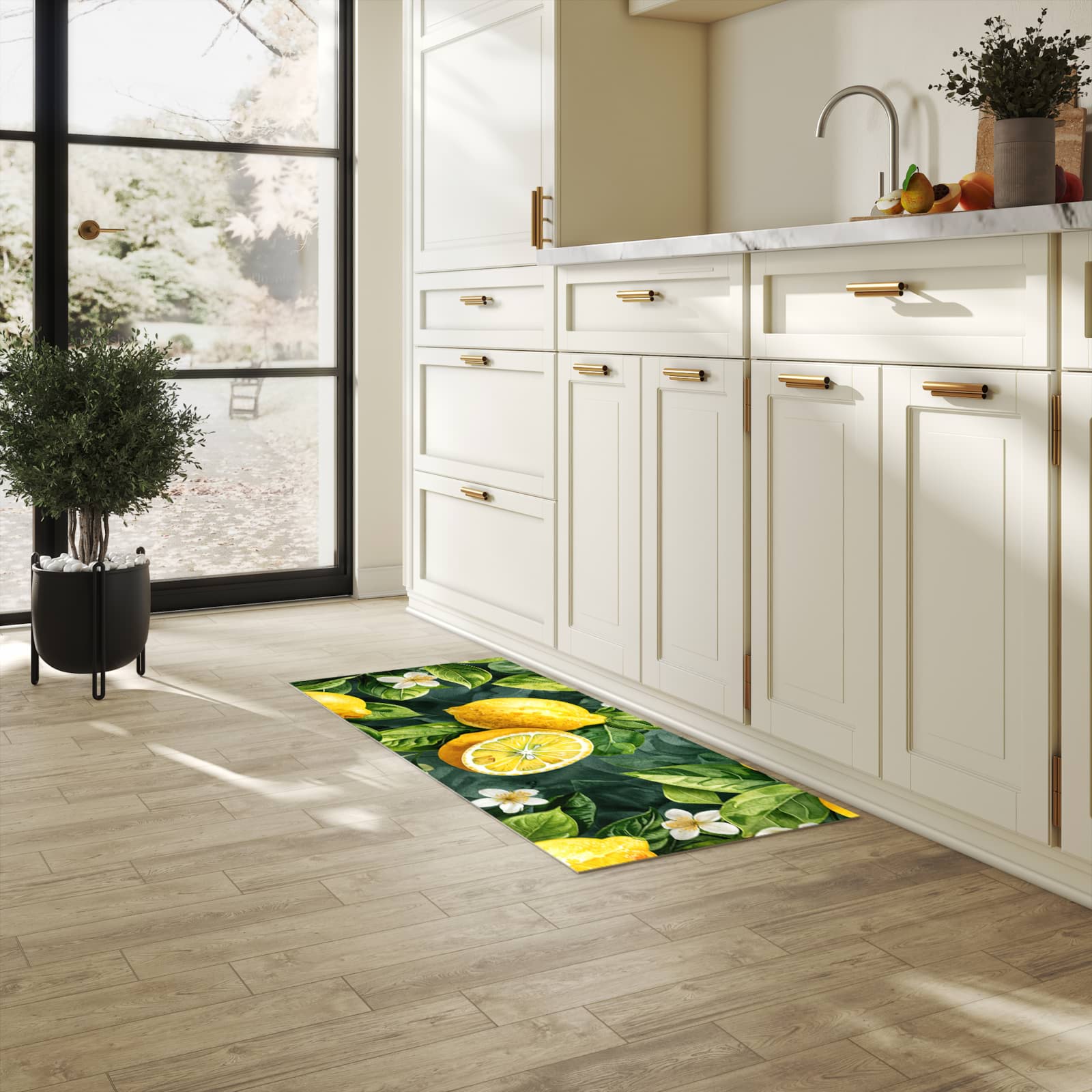 Komfortabler Küchenläufer mit Motiv Zitronenmuster in heller Küche
