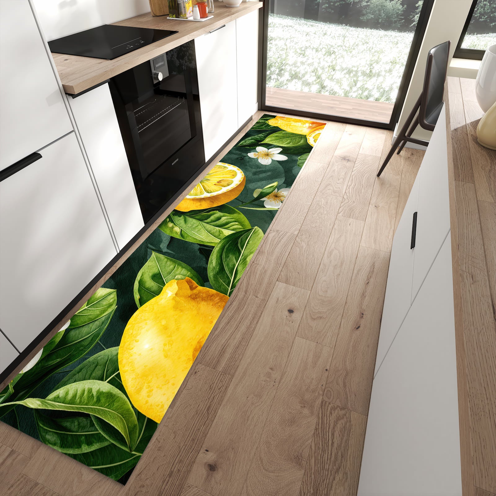 Feuchtigkeitsresistenter Küchenläufer mit Motiv Zitronenmuster in moderner Küche
