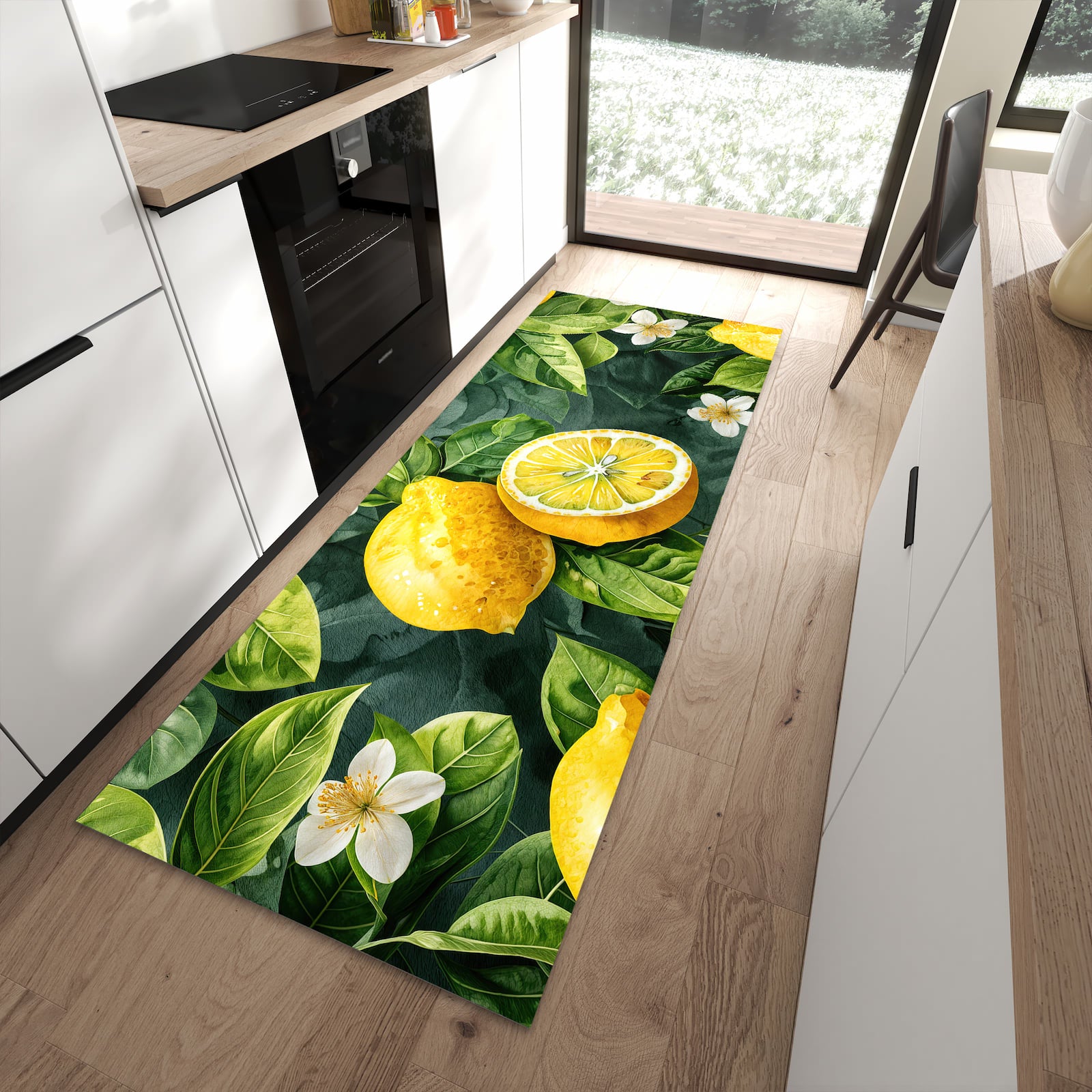Zeitsparender Küchenläufer nach Maß mit Motiv Zitronenmuster in moderner Küche