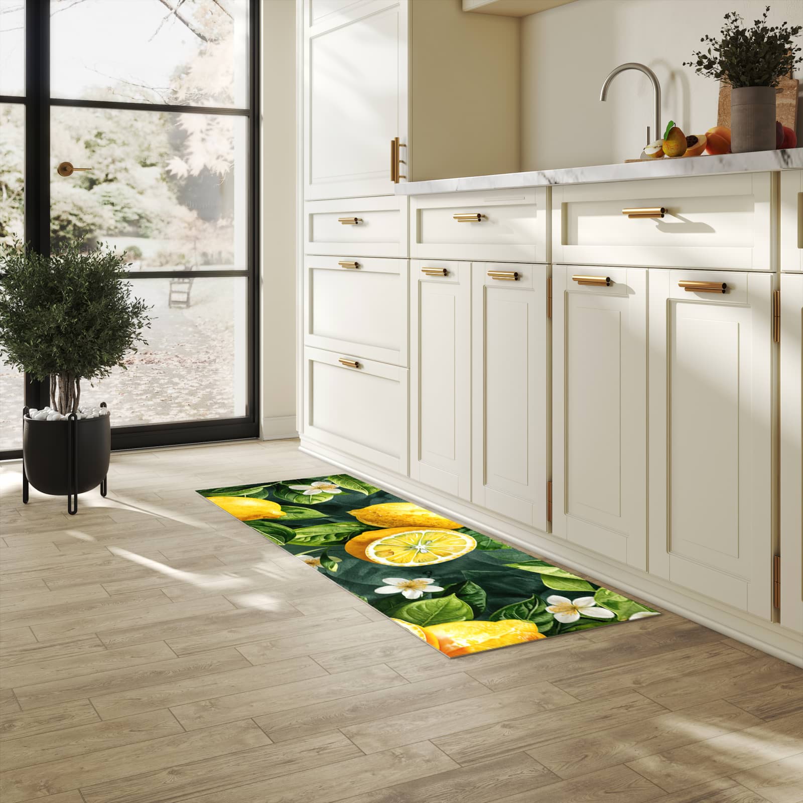 Wasserabweisender Küchenläufer mit Motiv Zitronenmuster in heller Küche