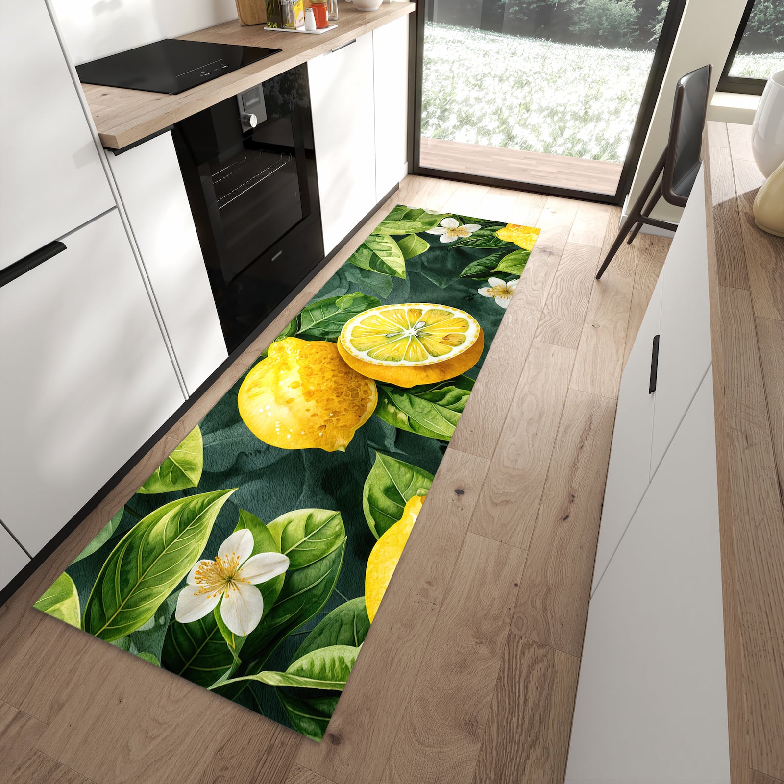 Bodenschonender rutschfester Küchenläufer mit Motiv Zitronenmuster in moderner Küche