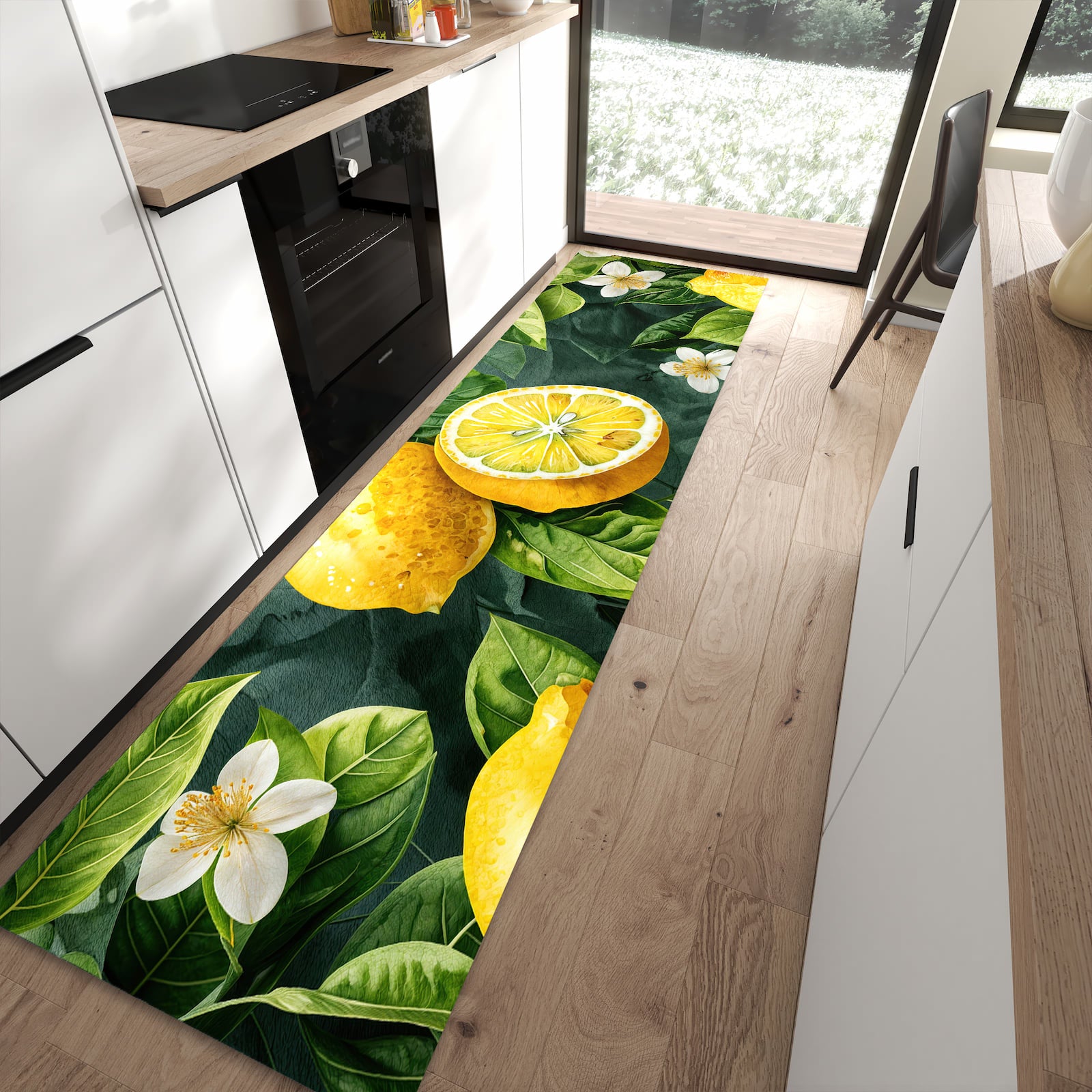 Formstabiler rutschfester Küchenläufer mit Motiv Zitronenmuster in moderner Küche