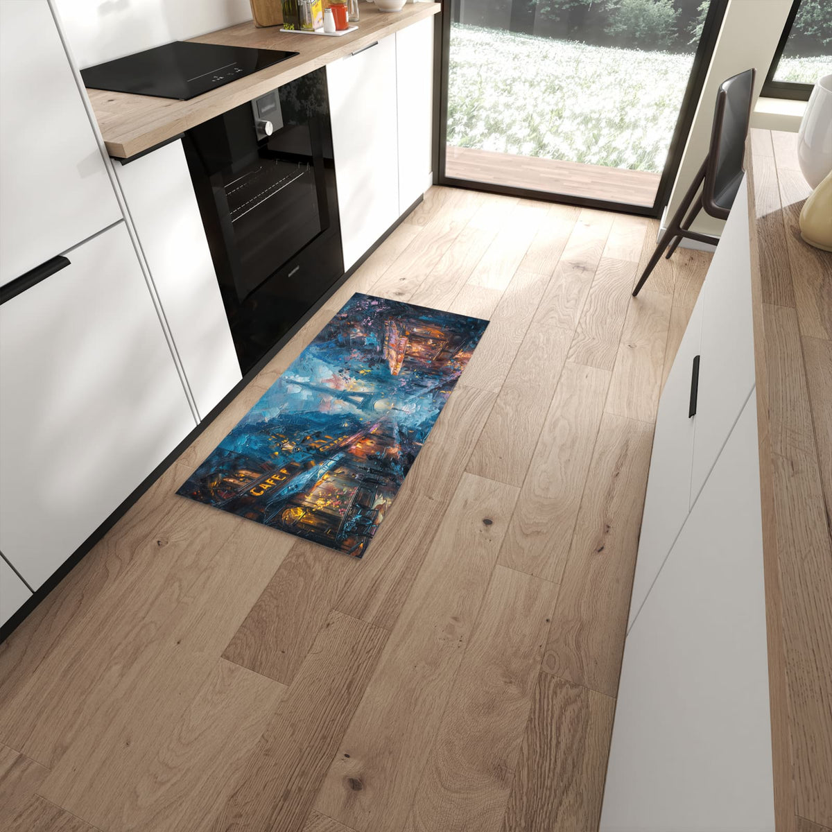Geruchsneutraler Küchenteppich mit Motiv Pariser Nacht in moderner Küche #grösse_60 x 120 cm