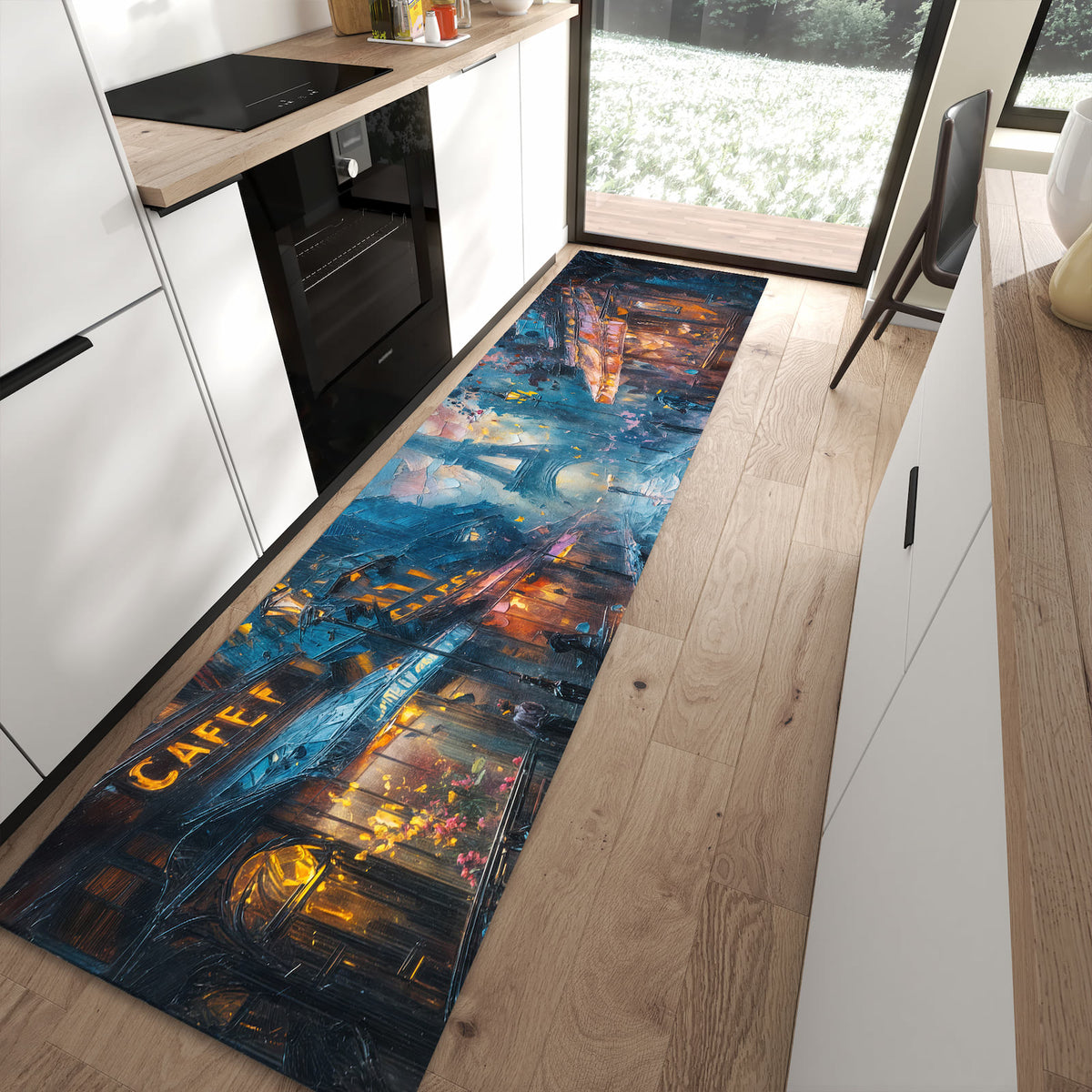 Waschbarer Küchenteppich mit Motiv Pariser Nacht in moderner Küche