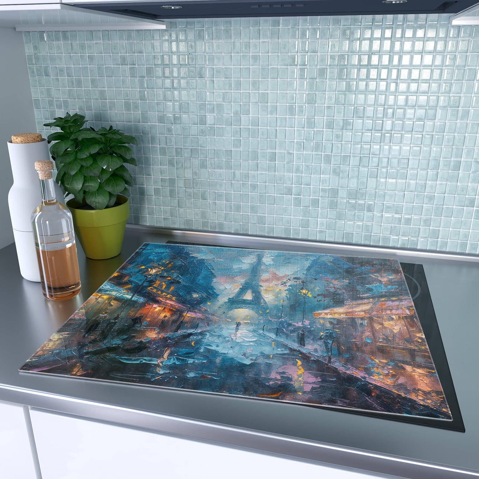1-teilige Herdabdeckplatte aus Glas mit Pariser Nacht-Motiv auf dem Ceranfeld