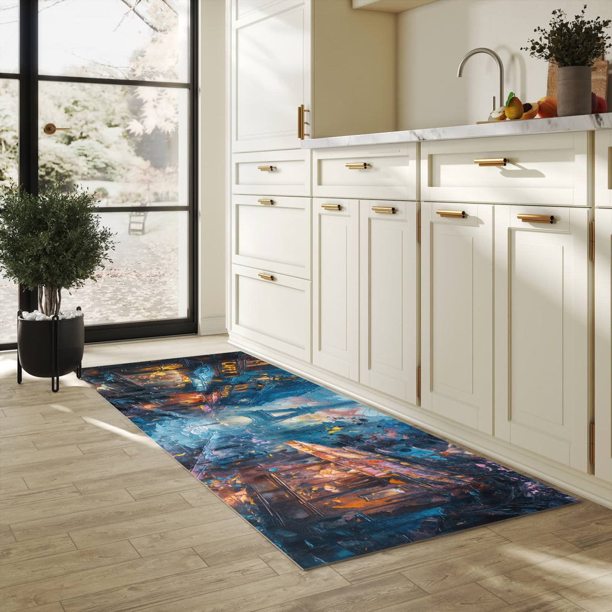 Langlebiger Küchenteppich mit Motiv Pariser Nacht in heller Küche