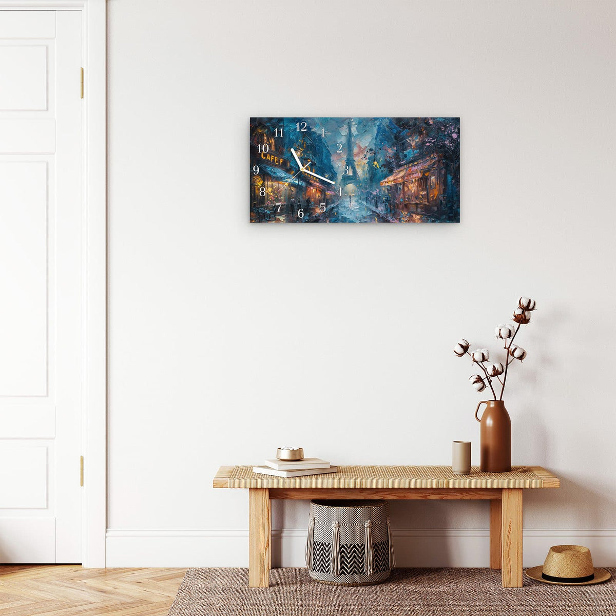 Moderne Wanduhr aus Glas mit Farbtiefe – Wanduhr Pariser Nacht aus Glas – Querformat 60 × 30 cm
