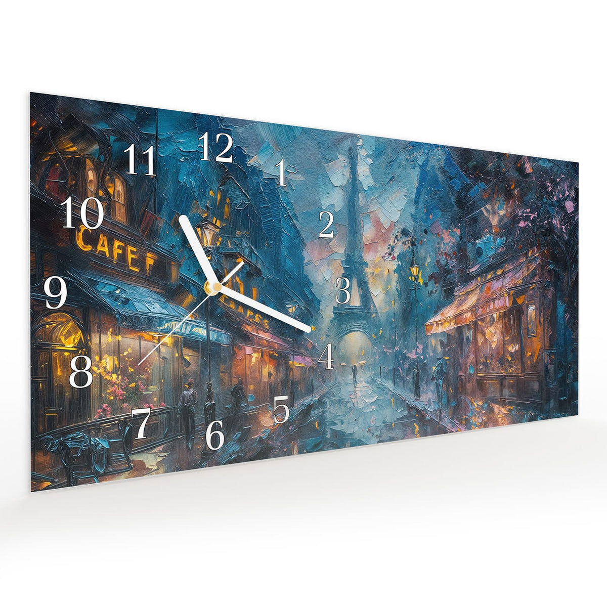 Vormontiert – mit Schwebeeffekt – Wanduhr Pariser Nacht aus Glas – Querformat 60 × 30 cm