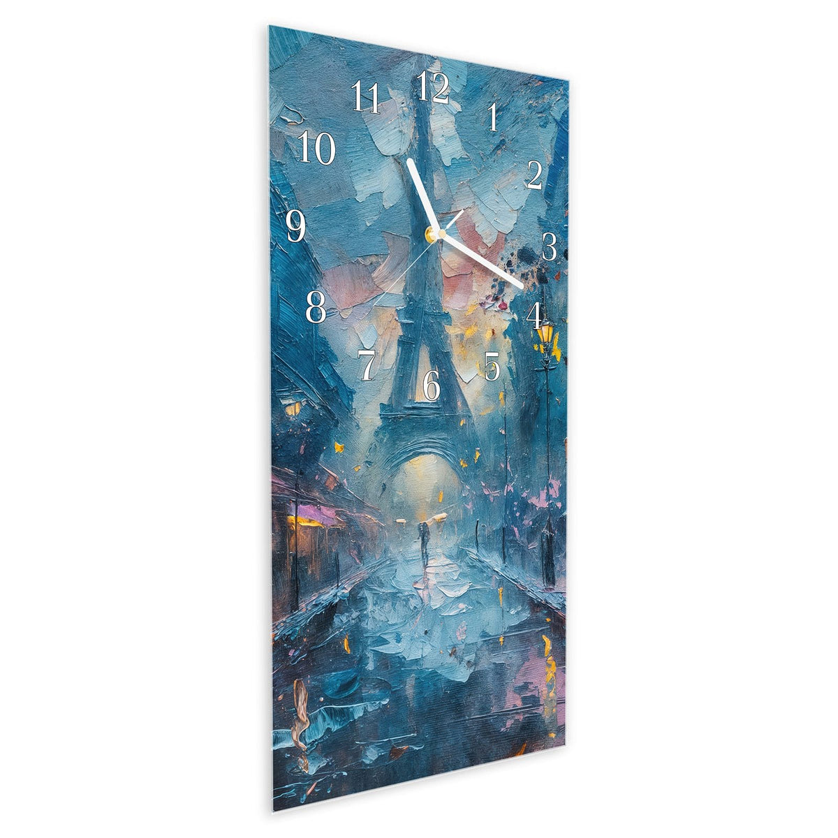 Vormontiert – mit Schwebeeffekt – Wanduhr Pariser Nacht aus Glas – Hochformat 30 × 60 cm