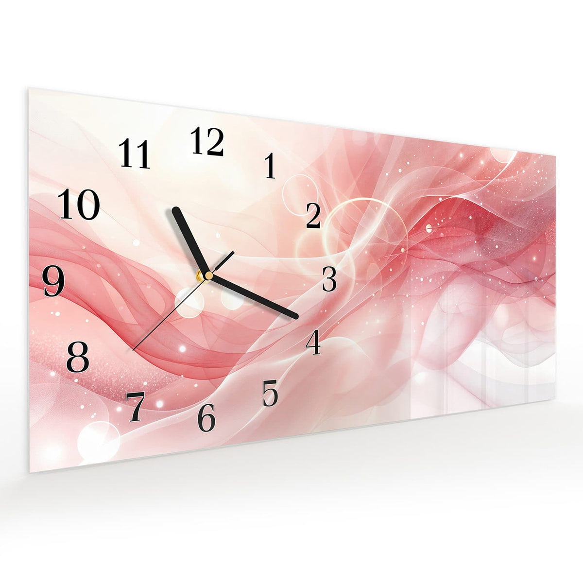 Vormontiert – mit Schwebeeffekt – Wanduhr Rosa Seidenwellen aus Glas – Querformat 60 × 30 cm