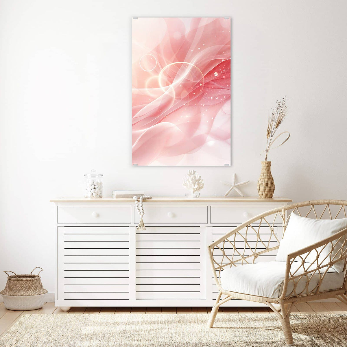 Glasbild Rosa Seidenwellen an der Wand – Zartrosa, durchscheinende Wellenbänder mit hellen Punkten und Lichtkreisen