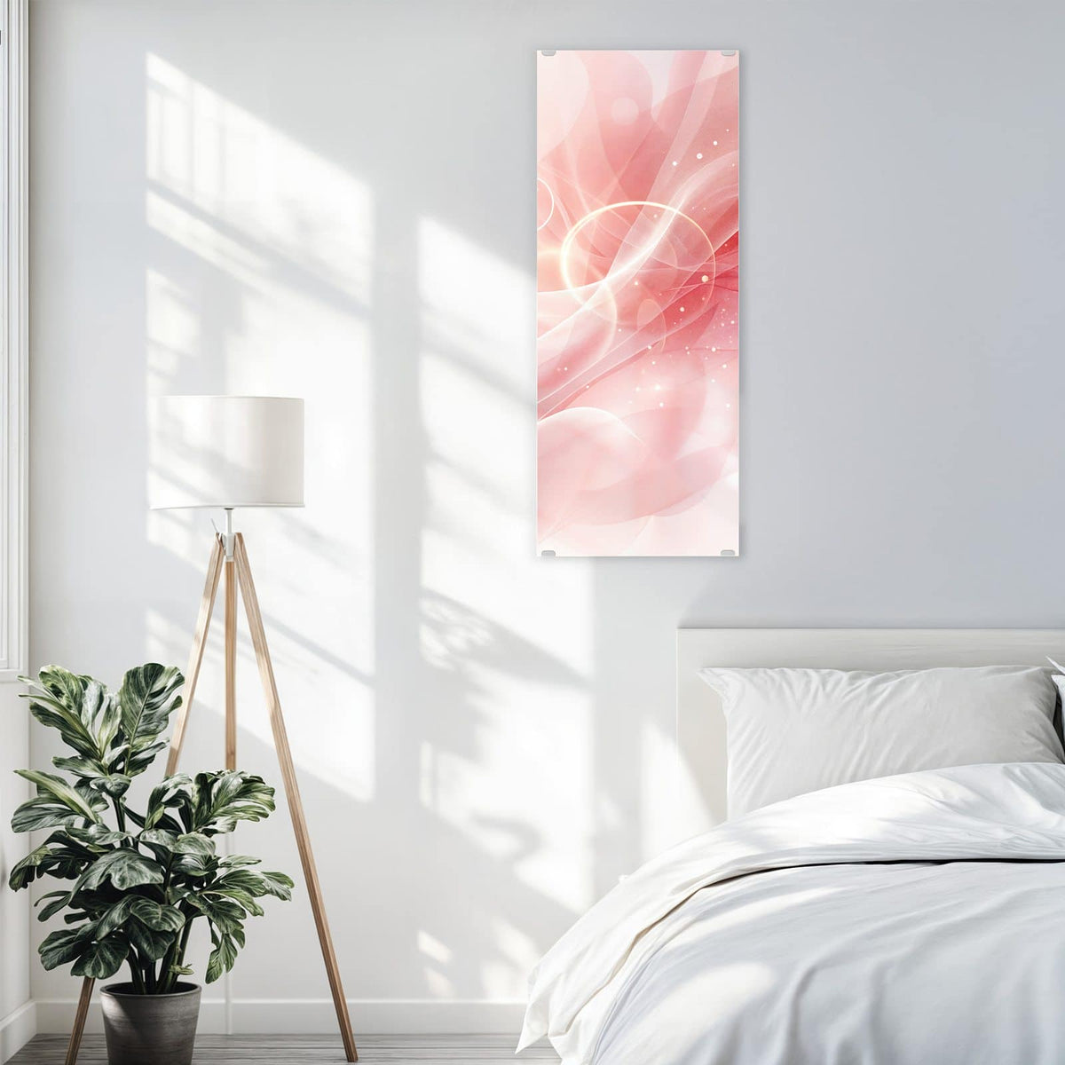 Glasbild Rosa Seidenwellen an der Wand – Zartrosa, durchscheinende Wellenbänder mit hellen Punkten und Lichtkreisen