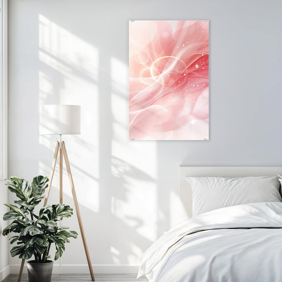 Glasbild Rosa Seidenwellen an der Wand – Zartrosa, durchscheinende Wellenbänder mit hellen Punkten und Lichtkreisen