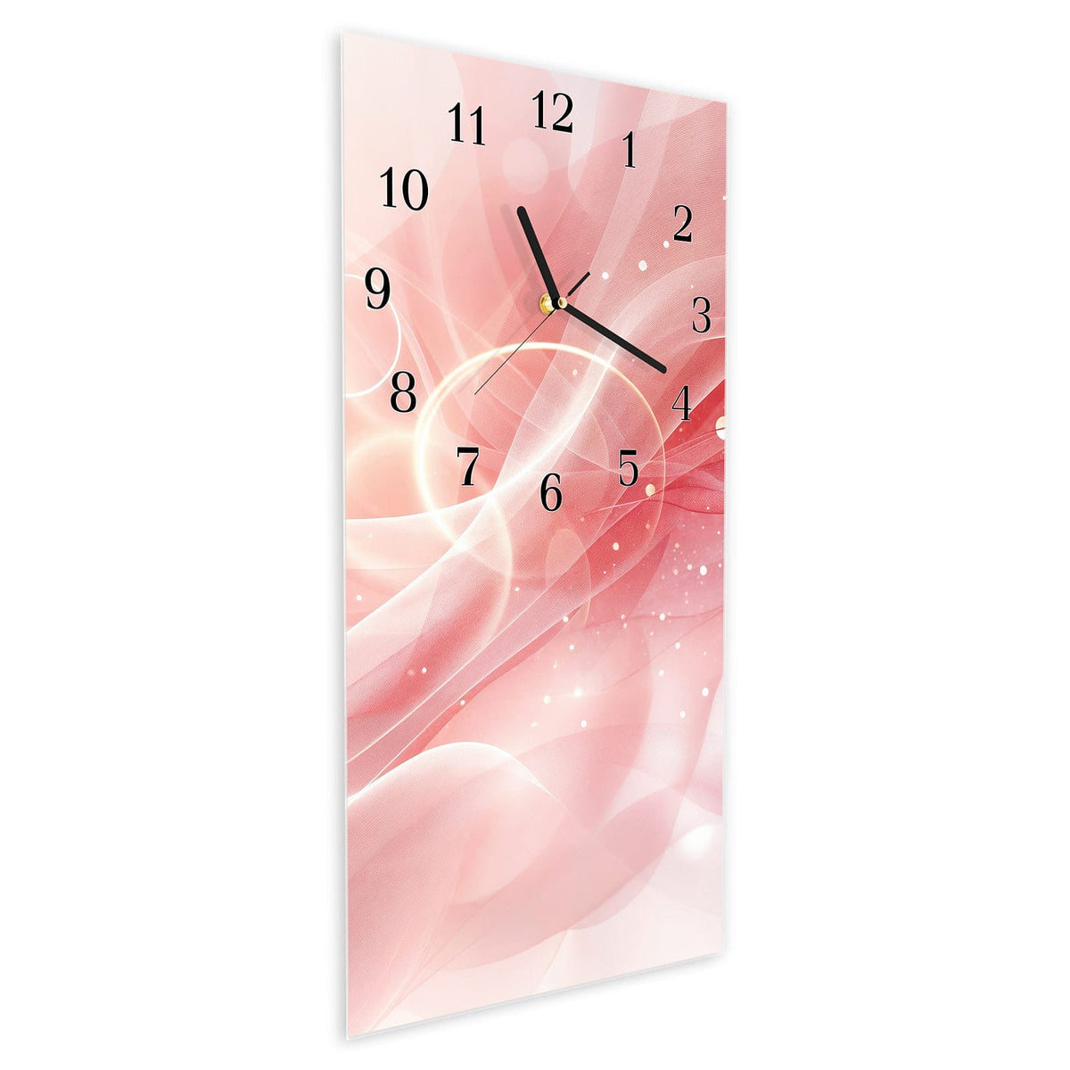Vormontiert – mit Schwebeeffekt – Wanduhr Rosa Seidenwellen aus Glas – Hochformat 30 × 60 cm