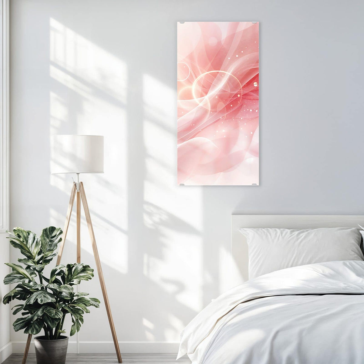 Glasbild Rosa Seidenwellen an der Wand – Zartrosa, durchscheinende Wellenbänder mit hellen Punkten und Lichtkreisen