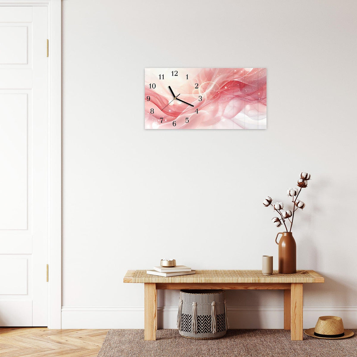 Moderne Wanduhr aus Glas mit Farbtiefe – Wanduhr Rosa Seidenwellen aus Glas – Querformat 60 × 30 cm