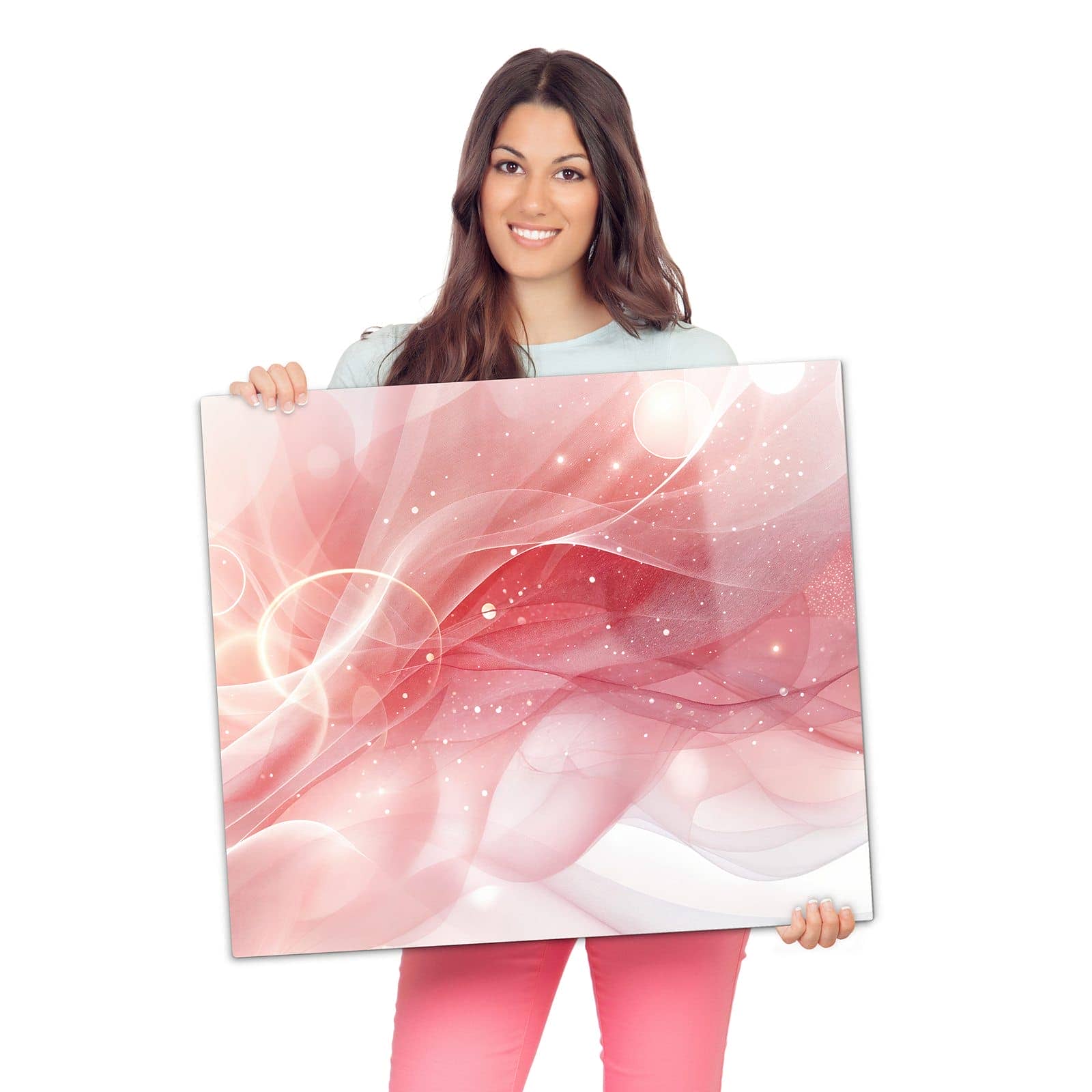 Herdabdeckung aus Glas mit Rosa Seidenwellen-Motiv wird zur Größendarstellung gehalten