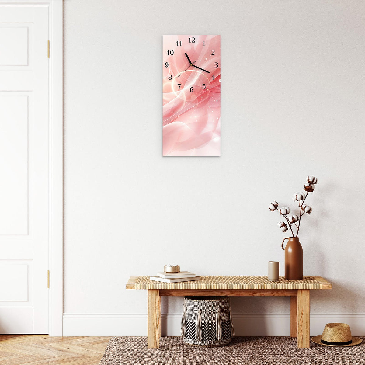 Moderne Wanduhr aus Glas mit Farbtiefe – Wanduhr Rosa Seidenwellen aus Glas – Hochformat 30 × 60 cm