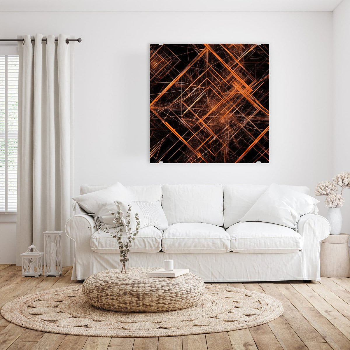 Glasbild Orange Lichtlinien an der Wand – leuchtende orange Linien und Gitter auf schwarzem Grund