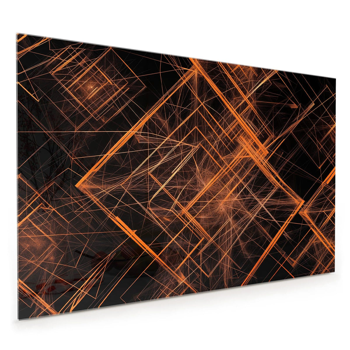 Küchenrückwand aus Glas im Hochformat mit Motiv Orange Lichtlinien: Leuchtende orange Linien und Gitter auf schwarzem Grund