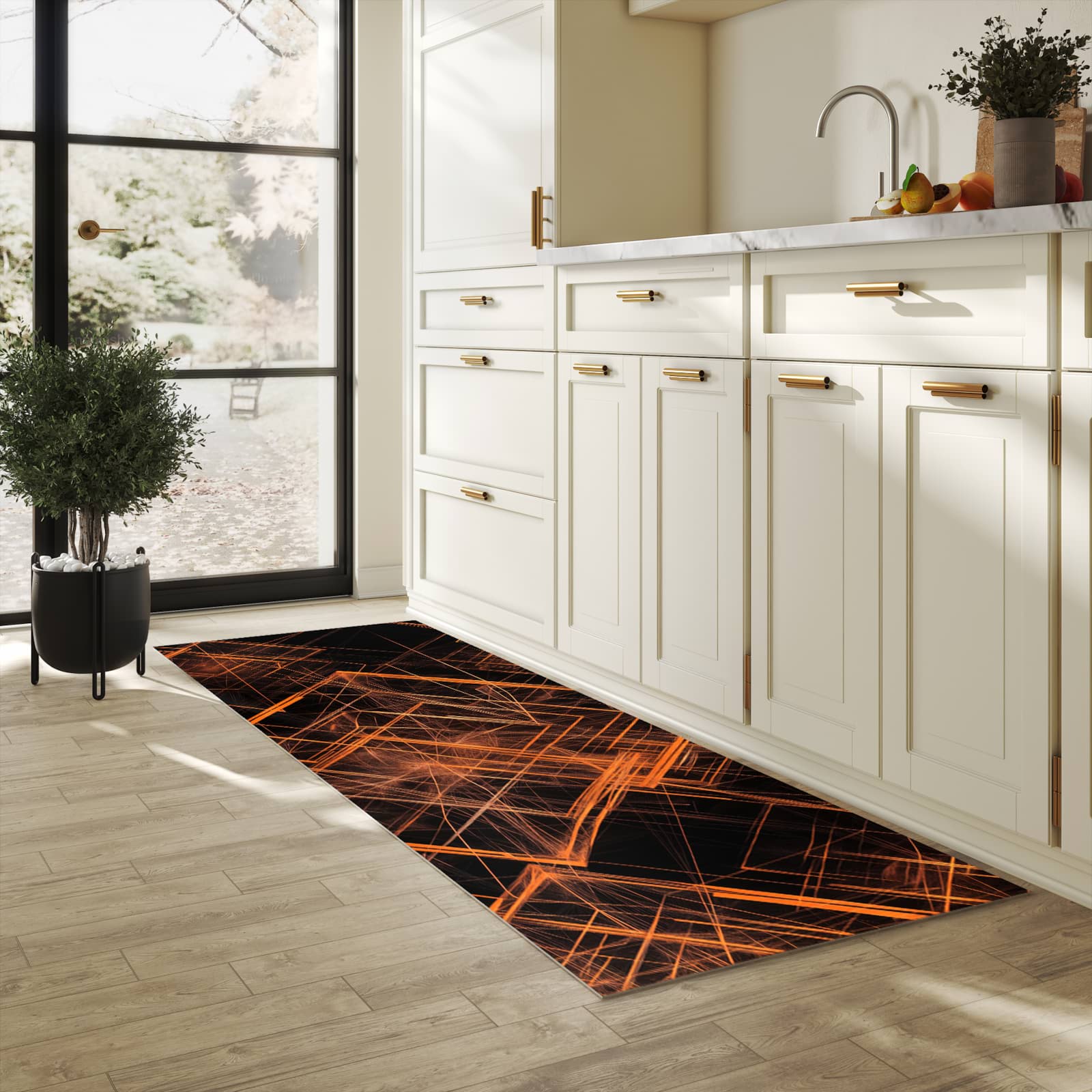 Formstabiler waschbarer Küchenteppich mit Motiv Muster des Geometrisches in heller Küche