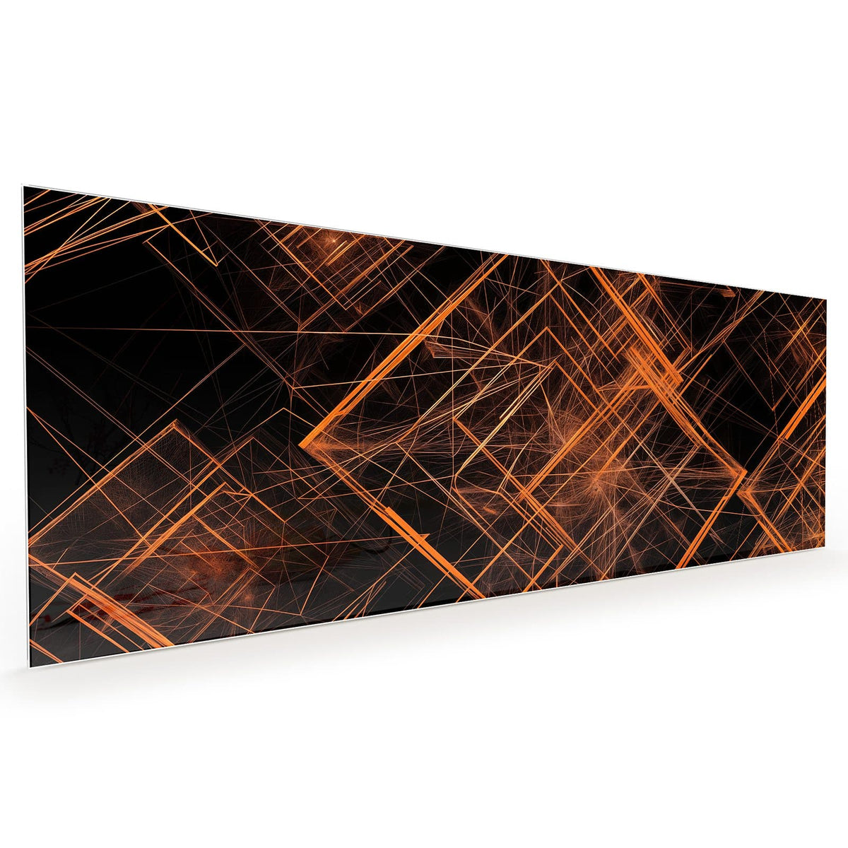 Küchenrückwand aus Glas im Hochformat mit Motiv Orange Lichtlinien: Leuchtende orange Linien und Gitter auf schwarzem Grund