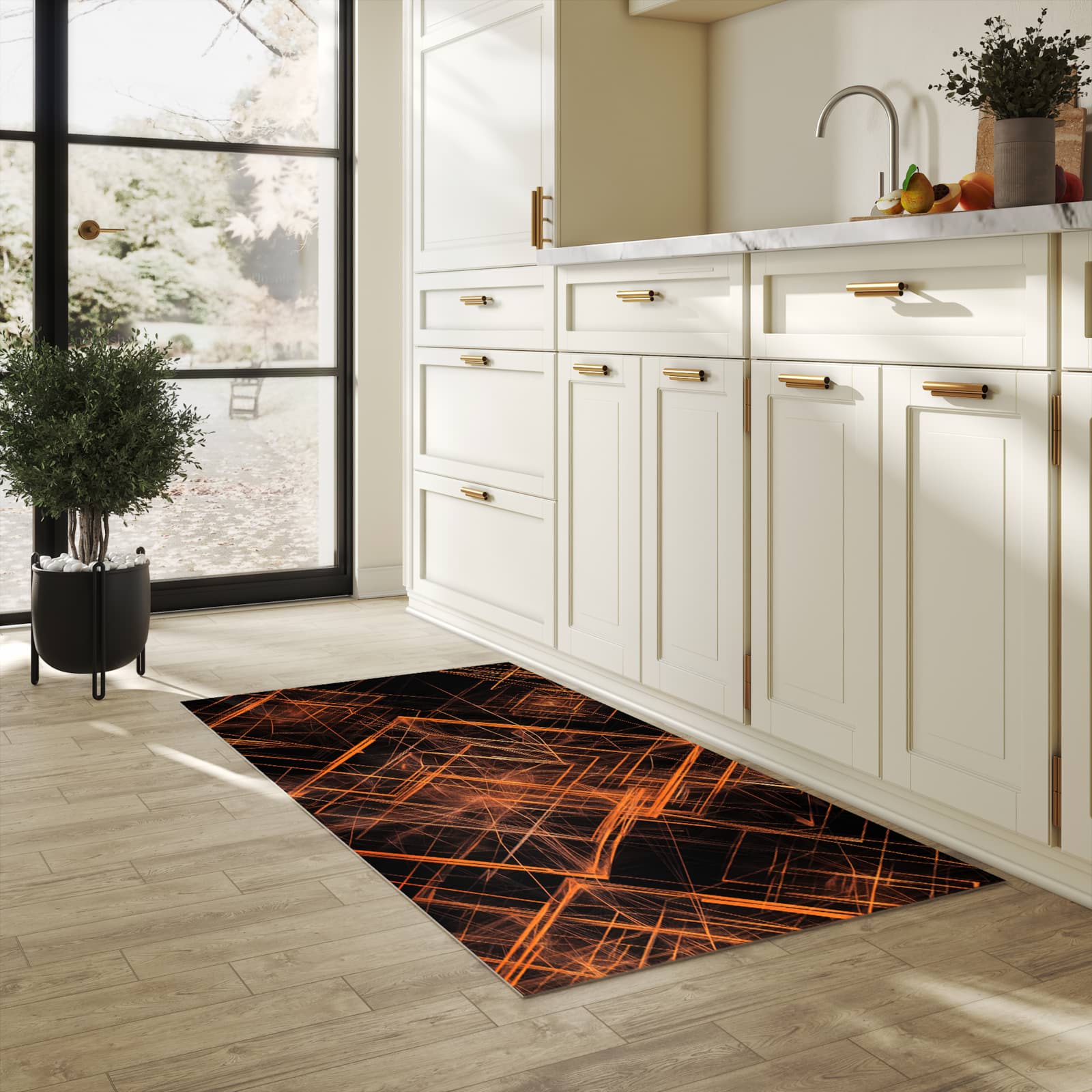 Geräuschdämpfender rutschfester Küchenteppich mit Motiv Muster des Geometrisches in heller Küche