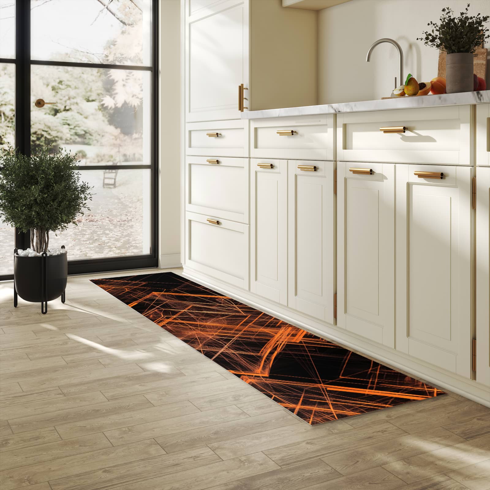 Bodenschonender Küchenteppich mit Motiv Muster des Geometrisches in heller Küche