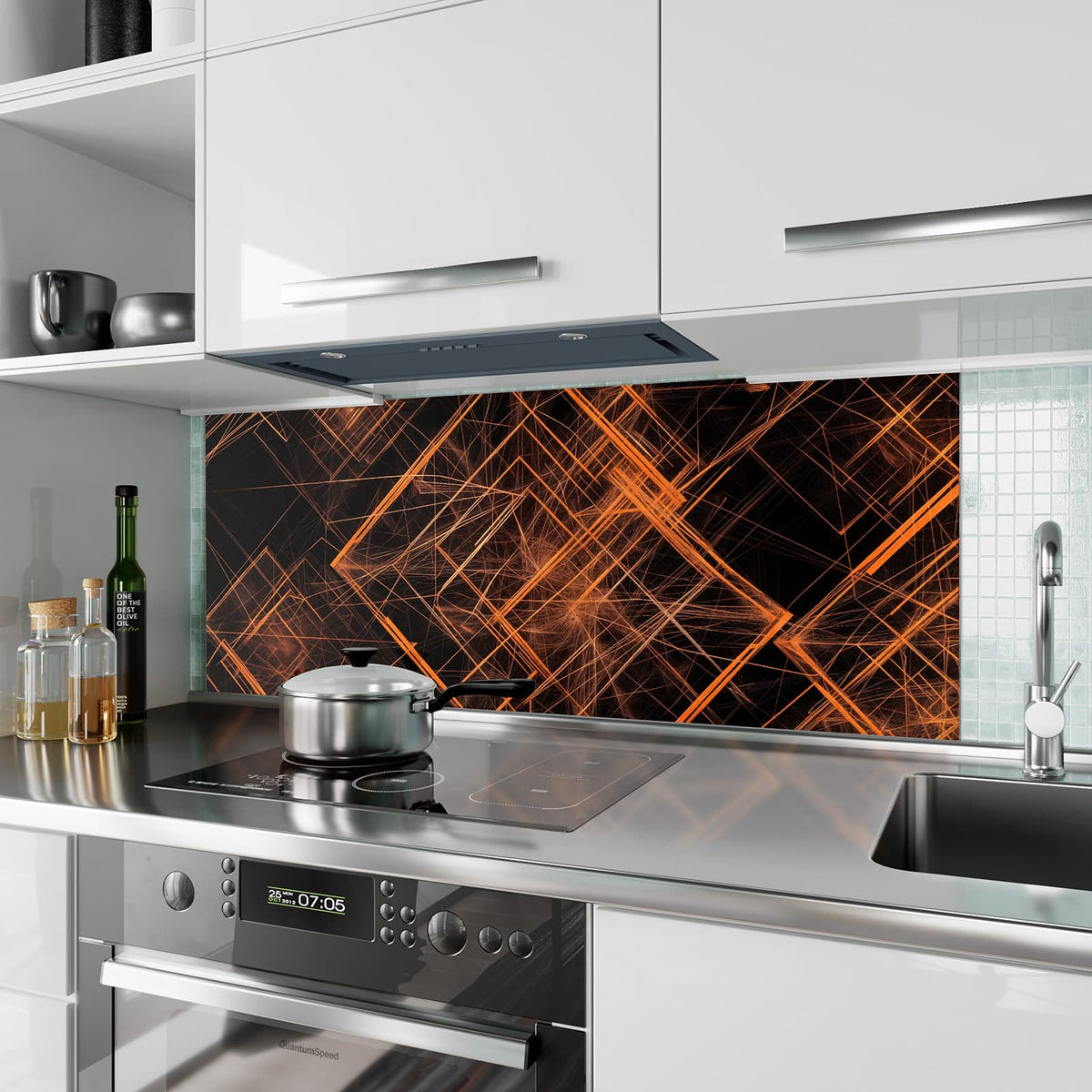 Küchenrückwand Orange Lichtlinien aus Glas – Orange Linien auf Schwarz