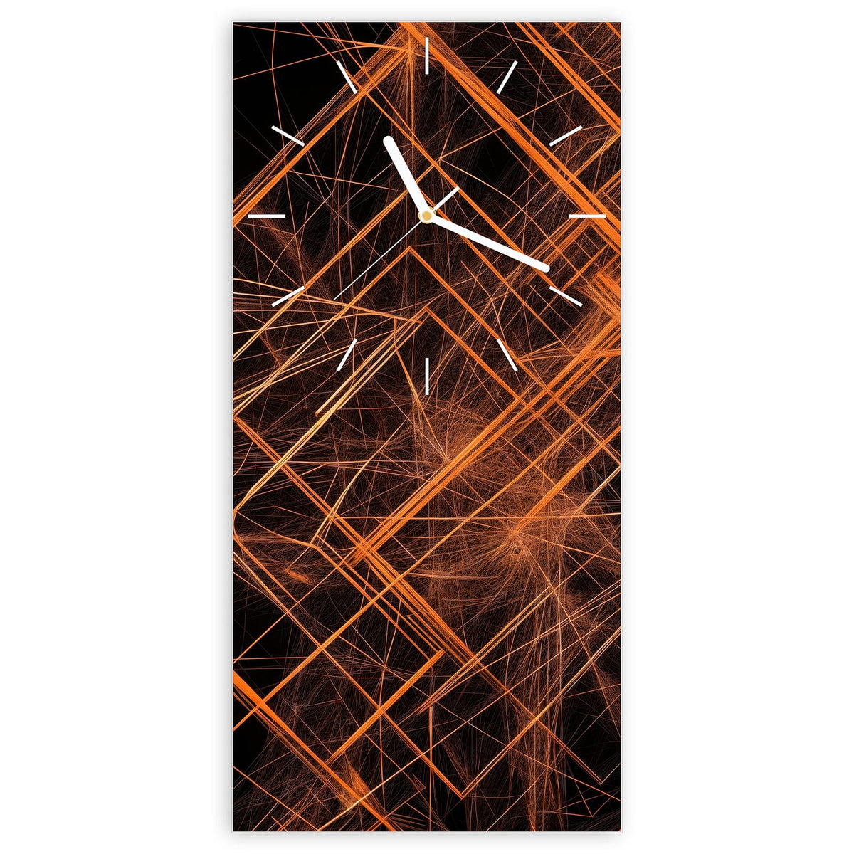 Wanduhr aus Glas, Ziffernblatt Linie mit Motiv Orange Lichtlinien: Leuchtende orange Linien und Gitter auf schwarzem Grund