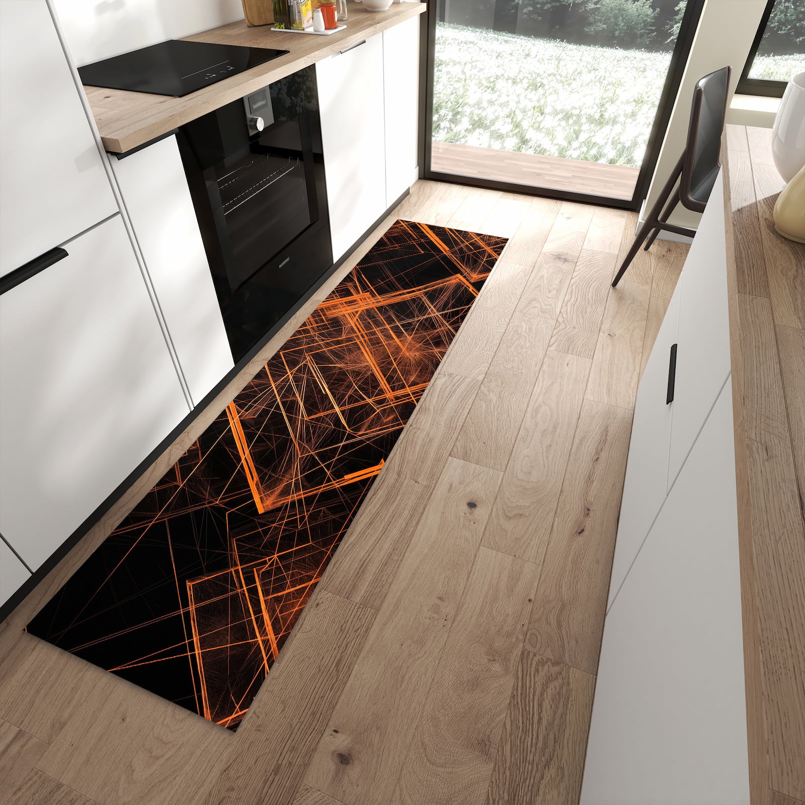 Fleckenresistenter rutschfester Küchenteppich mit Motiv Muster des Geometrisches in moderner Küche