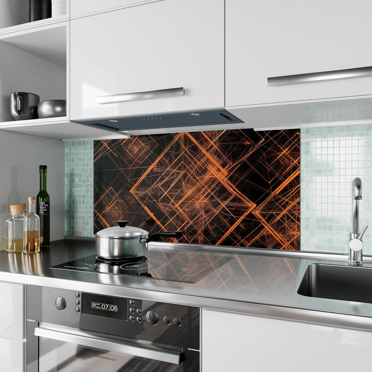 Küchenrückwand aus Glas Orange Lichtlinien im Hochformat als Spritzschutz hinter dem Kochfeld, über dem Fliesenspiegel montiert