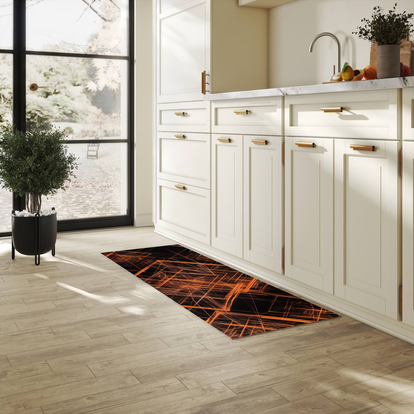 Rutschfester Bodenläufer-Teppich mit Motiv Muster des Geometrisches in heller Küche