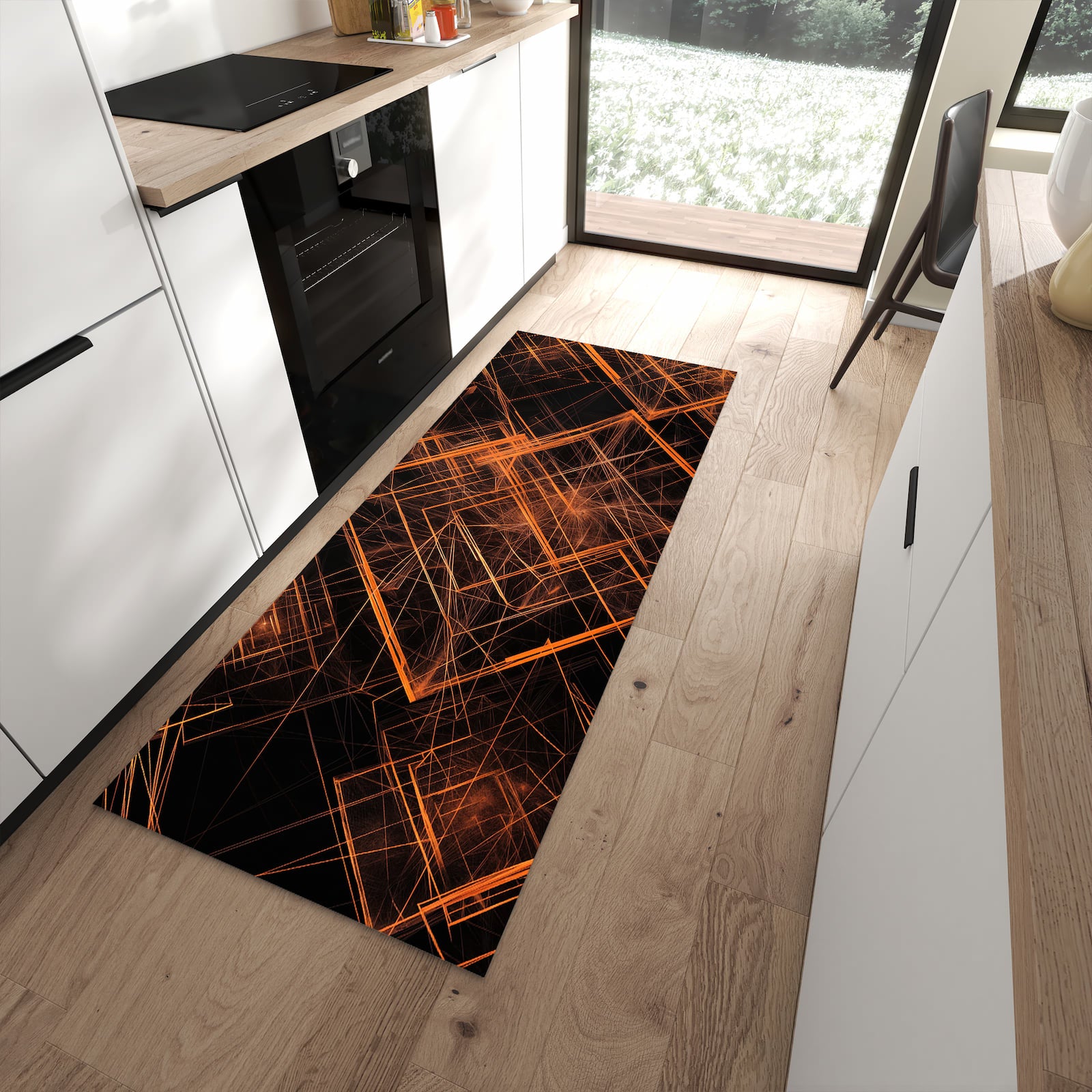 Flacher Küchenteppich mit Motiv Muster des Geometrisches in moderner Küche - waschbar