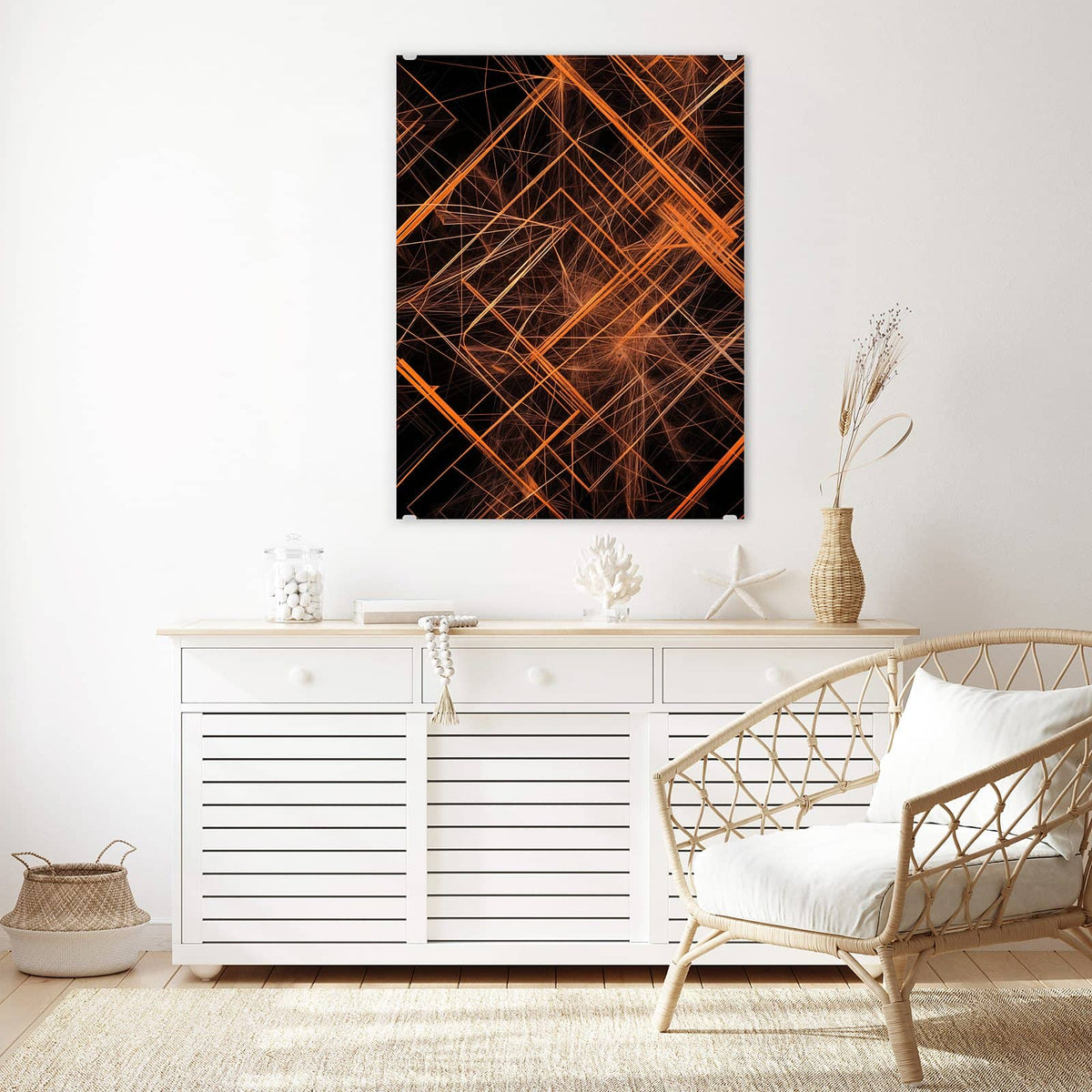 Aufhängung liegt bei – Motiv später wechselbar – Wandbild - Orange Lichtlinien - Hochformat