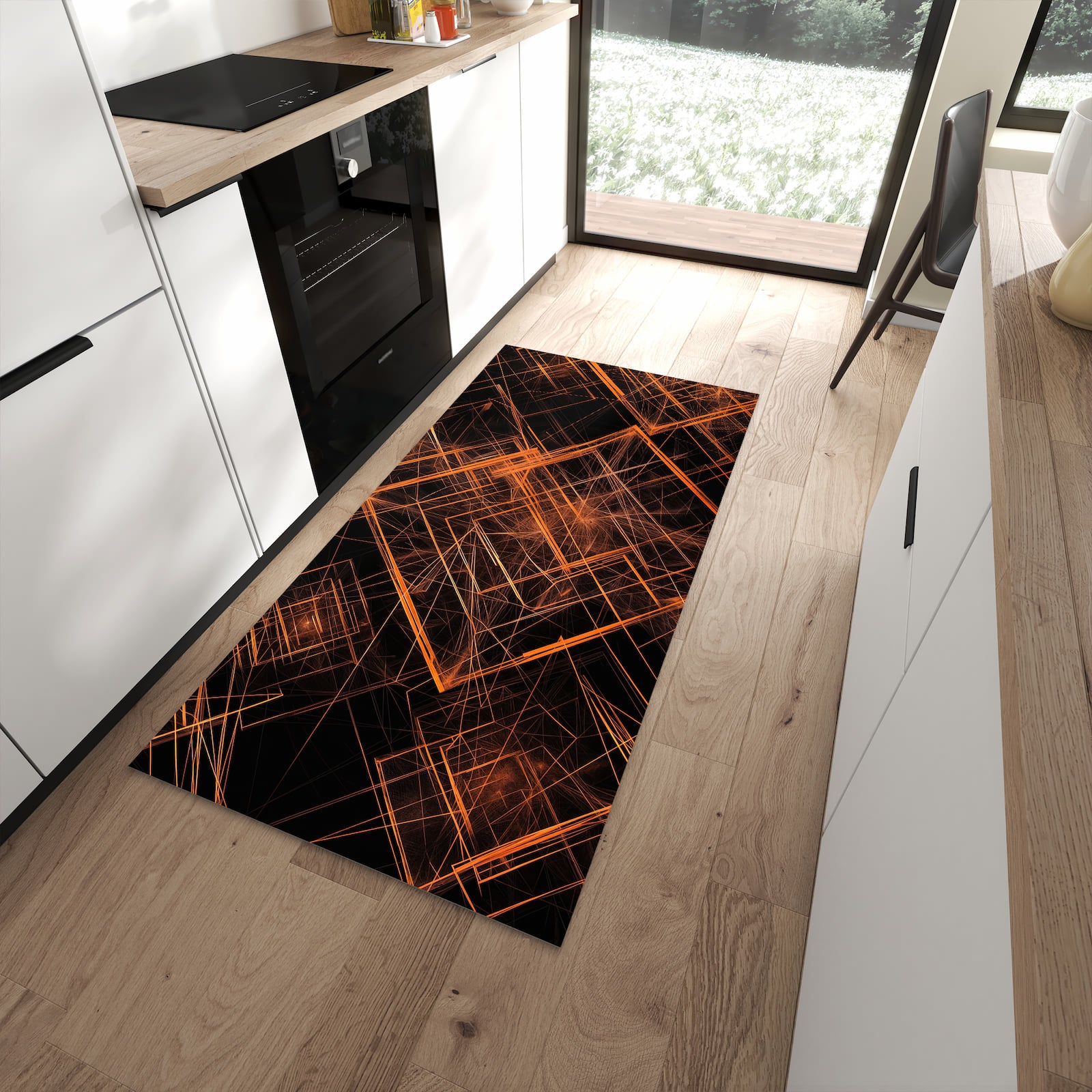 Leicht zu reinigender Küchenteppich mit Motiv Muster des Geometrisches in moderner Küche