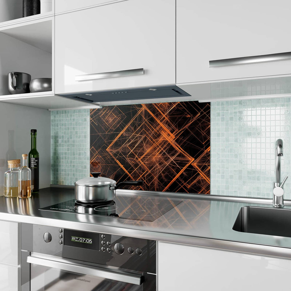 Küchenrückwand aus Glas Orange Lichtlinien im Hochformat als Spritzschutz hinter dem Kochfeld, über dem Fliesenspiegel montiert