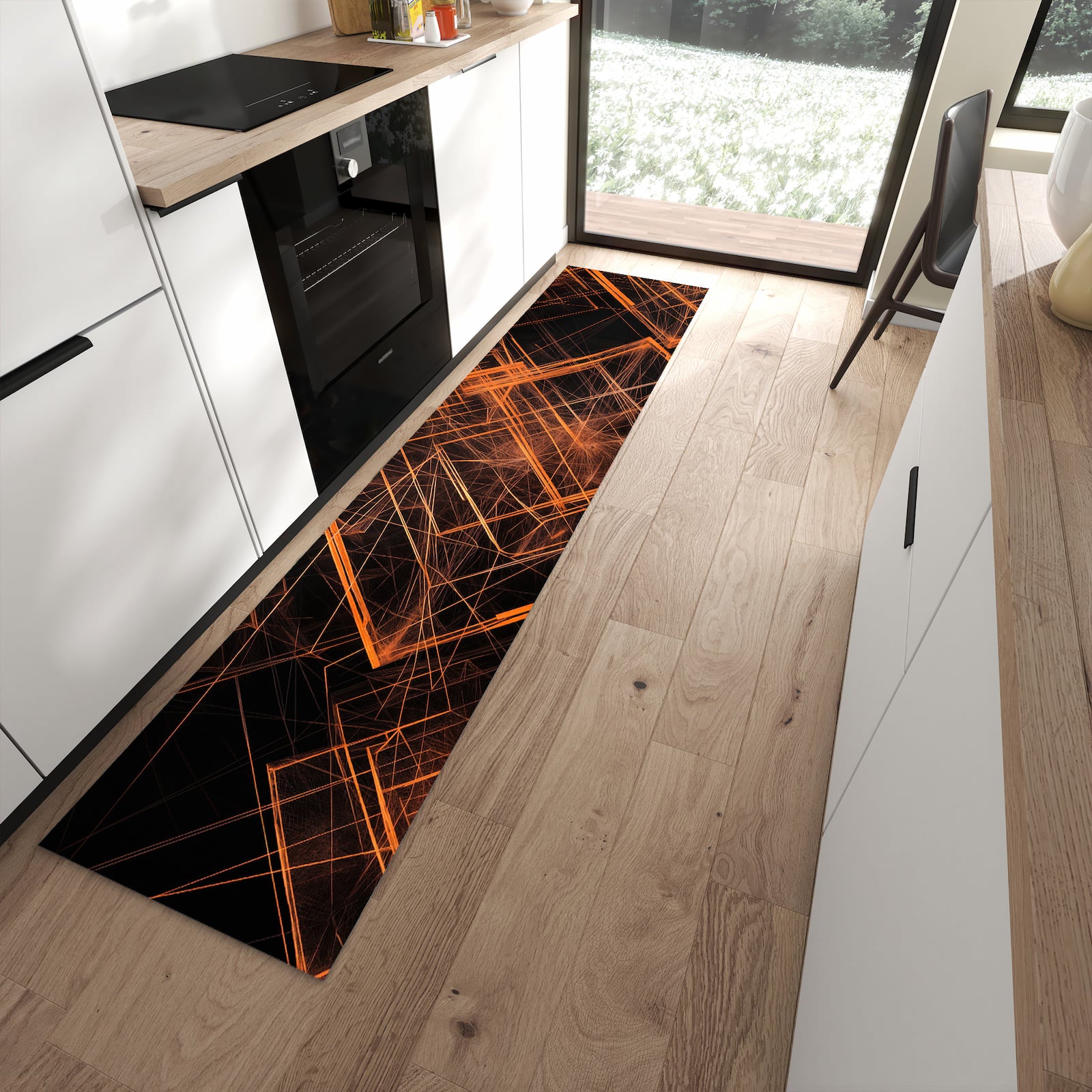 Schmutzabweisender Bodenläufer mit Motiv Muster des Geometrisches in moderner Küche