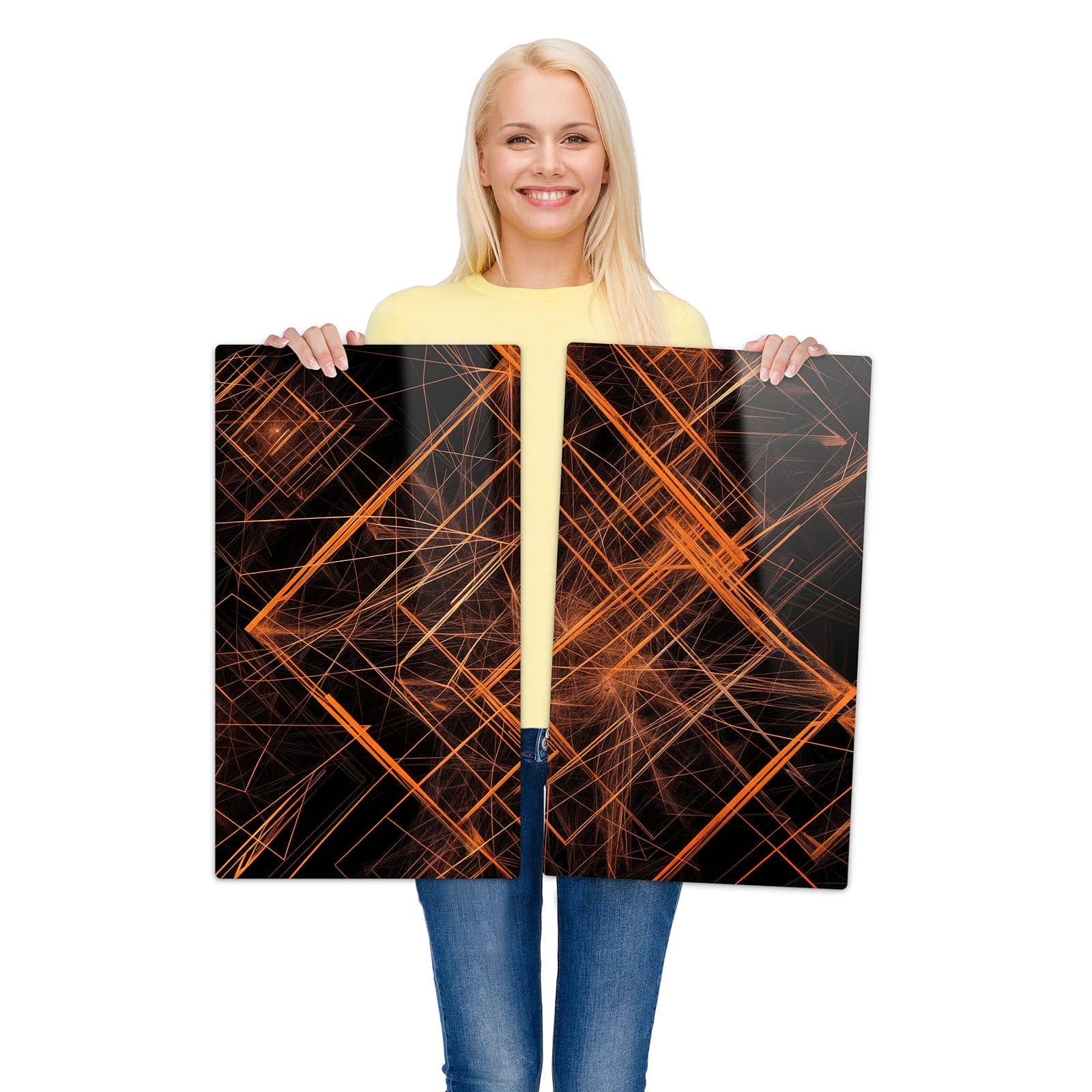 2-teilige Glasabdeckplatte für Ceranfeld mit Geometrisches Muster Design-Motiv wird zur Größendarstellung gehalten