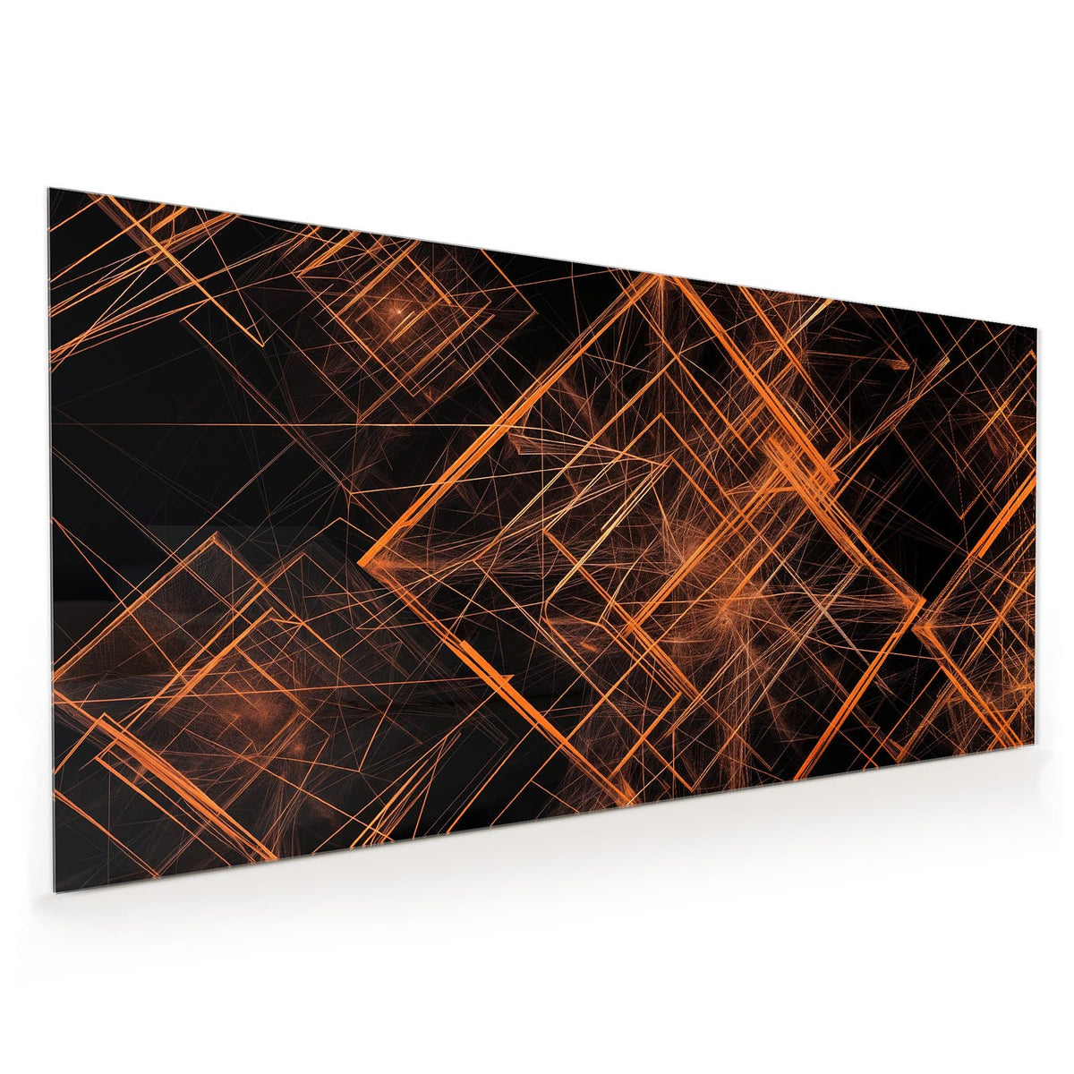 Küchenrückwand aus Glas im Hochformat mit Motiv Orange Lichtlinien: Leuchtende orange Linien und Gitter auf schwarzem Grund